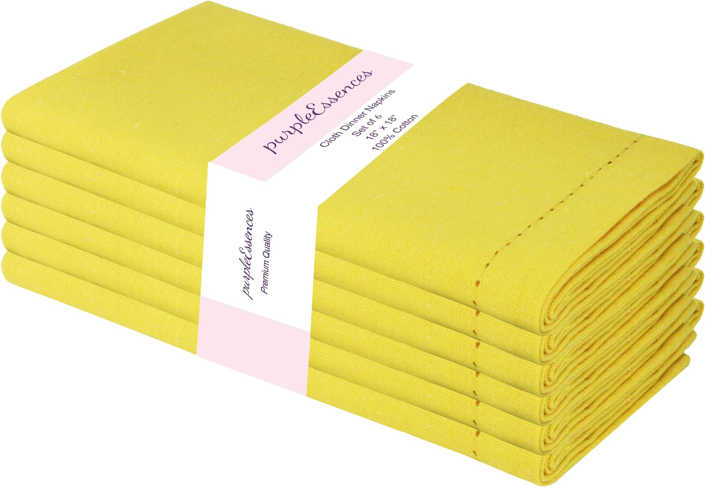 PurpleEssences Hemstitch Cloth Dinner Napkins 100% Cotton 18x18 - Soft Durable Washable - Ideal for Farmhouse Party Easter and Spring - Perfect Everyday Use Table Linen (Yellow, Pack of 6)