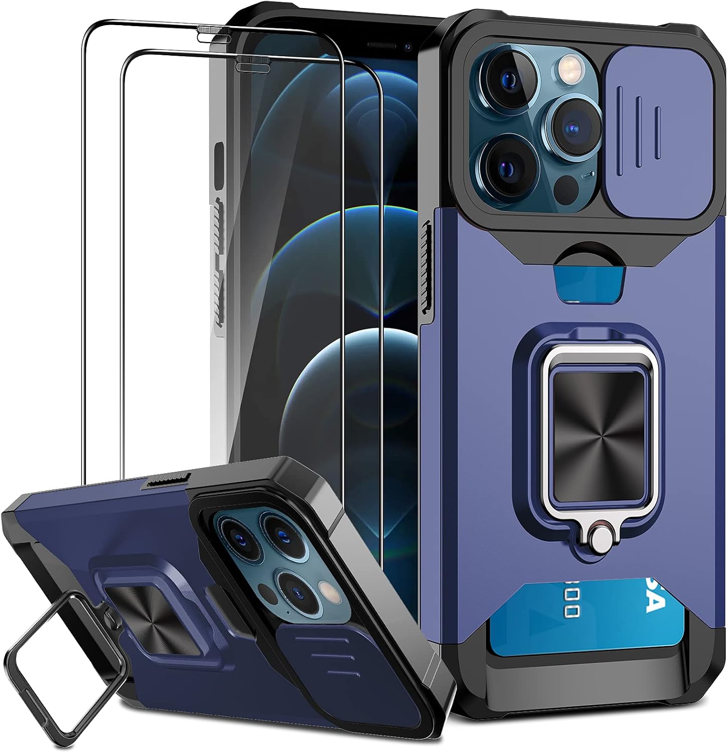 Jusy Wallet Case Compatible with iPhone 12 Pro Max & 2 Screen Protectors, with Sliding Camera Cover, Card Holder Slot and Magnetic Kickstand Ring, Heavy Duty Case Military Grade Cover (Navy)