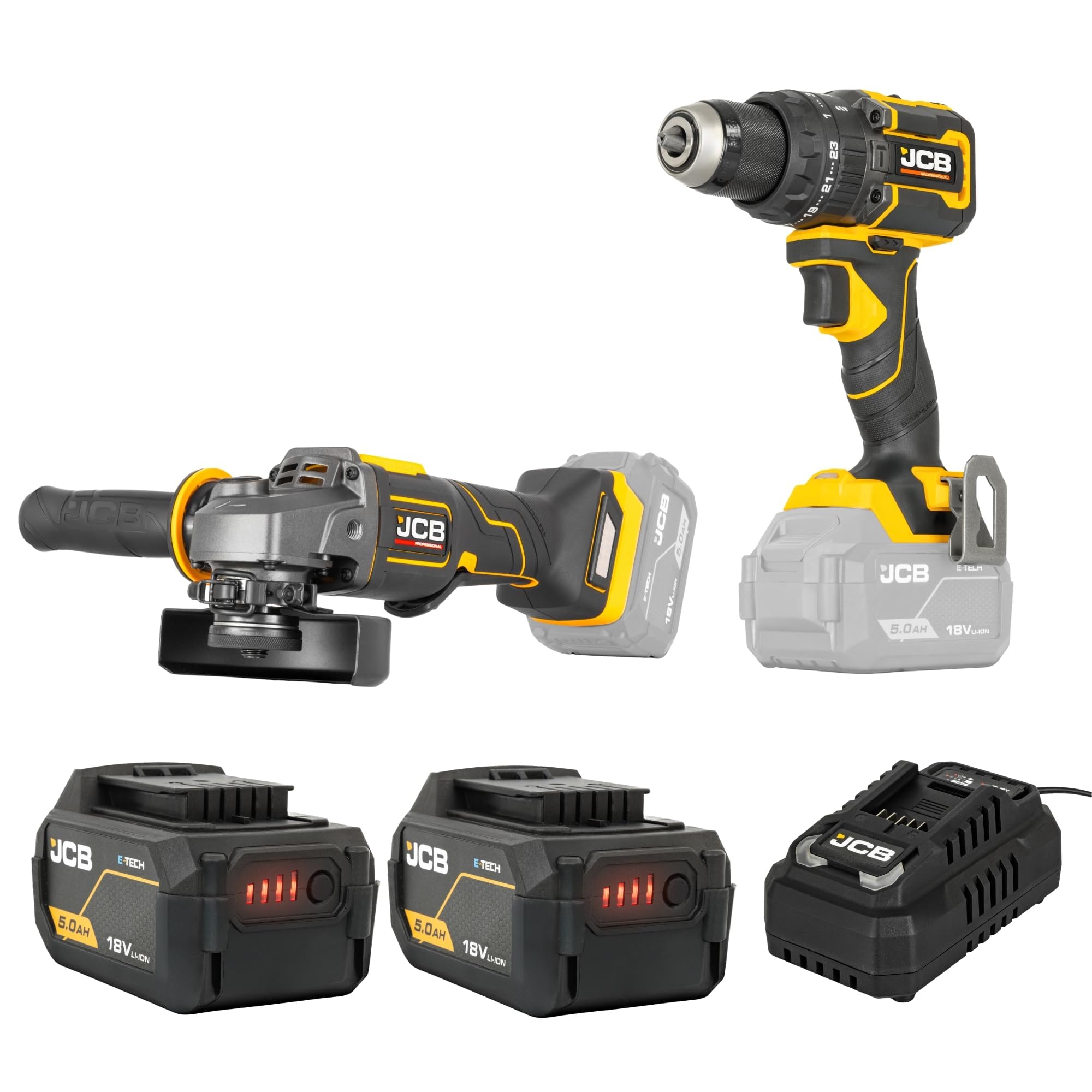 JCB Pro 18V 2-Piece Kit, 75Nm Combi Drill, 115mm Angle Grinder, 2X 5Ah Batteries, 4.5A Fast Charger & Tool Bag | JCB-18PKIT-4