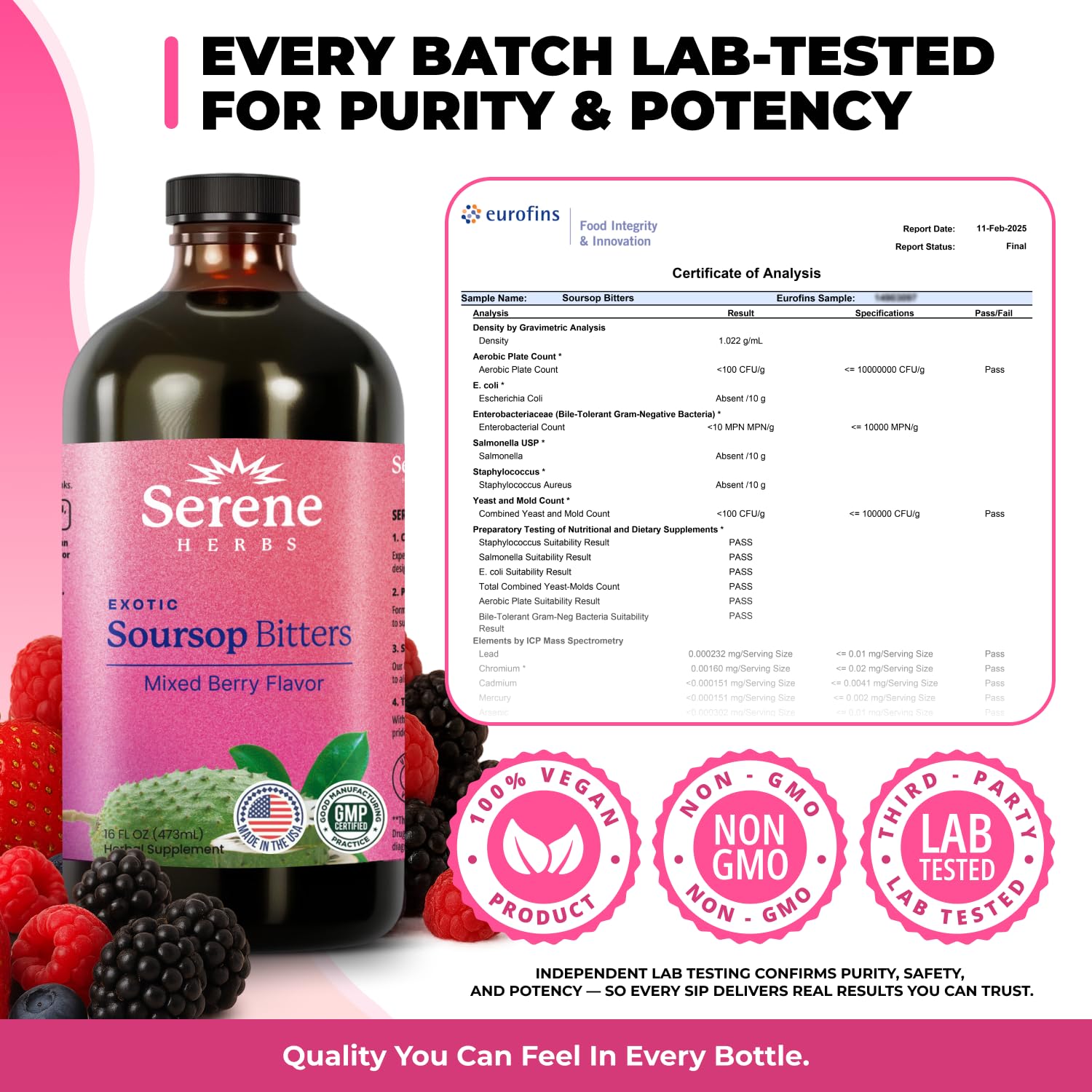 Serene Herbs Soursop Bitters Liquid with Soursop Leaves for Gut Cleanse, Detox & Immune Boost with Black Seed, Moringa, Irish Moss, Ashwaganda, Turmeric,(16 Fl Oz (Pack of 1), Mixed Berry) — Amazon image 8