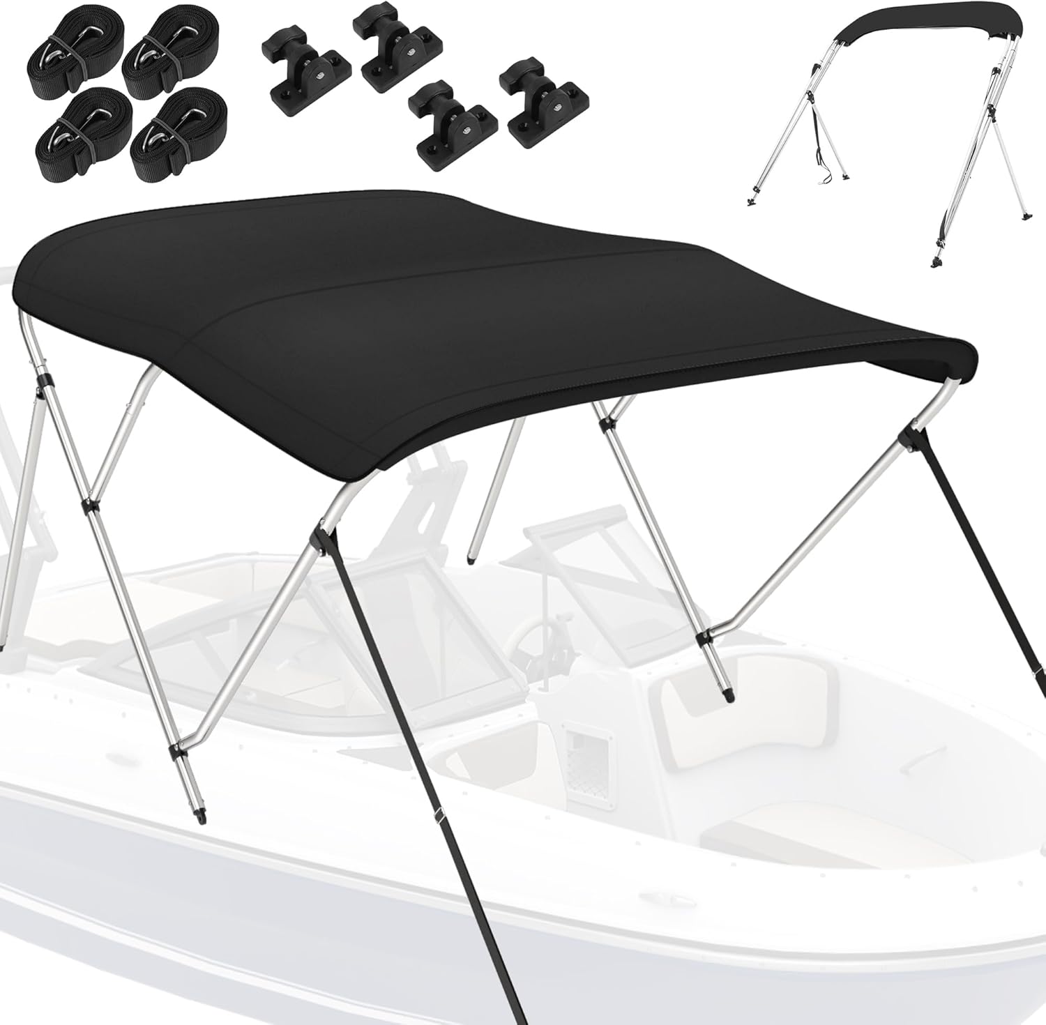 Bimini Tops for Boats, 900D Polyester Bimini Topy, 2 Rear Support Poles and Storage Boot, 4 Adjustable Nylon Straps