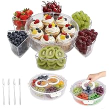 Divided Serving Tray with Lid and Handle, Stackable Snackle Box Container for Fruits Candy Veggies, Portable Spinning Rounded Tray with 6 Removable Dip Bowls