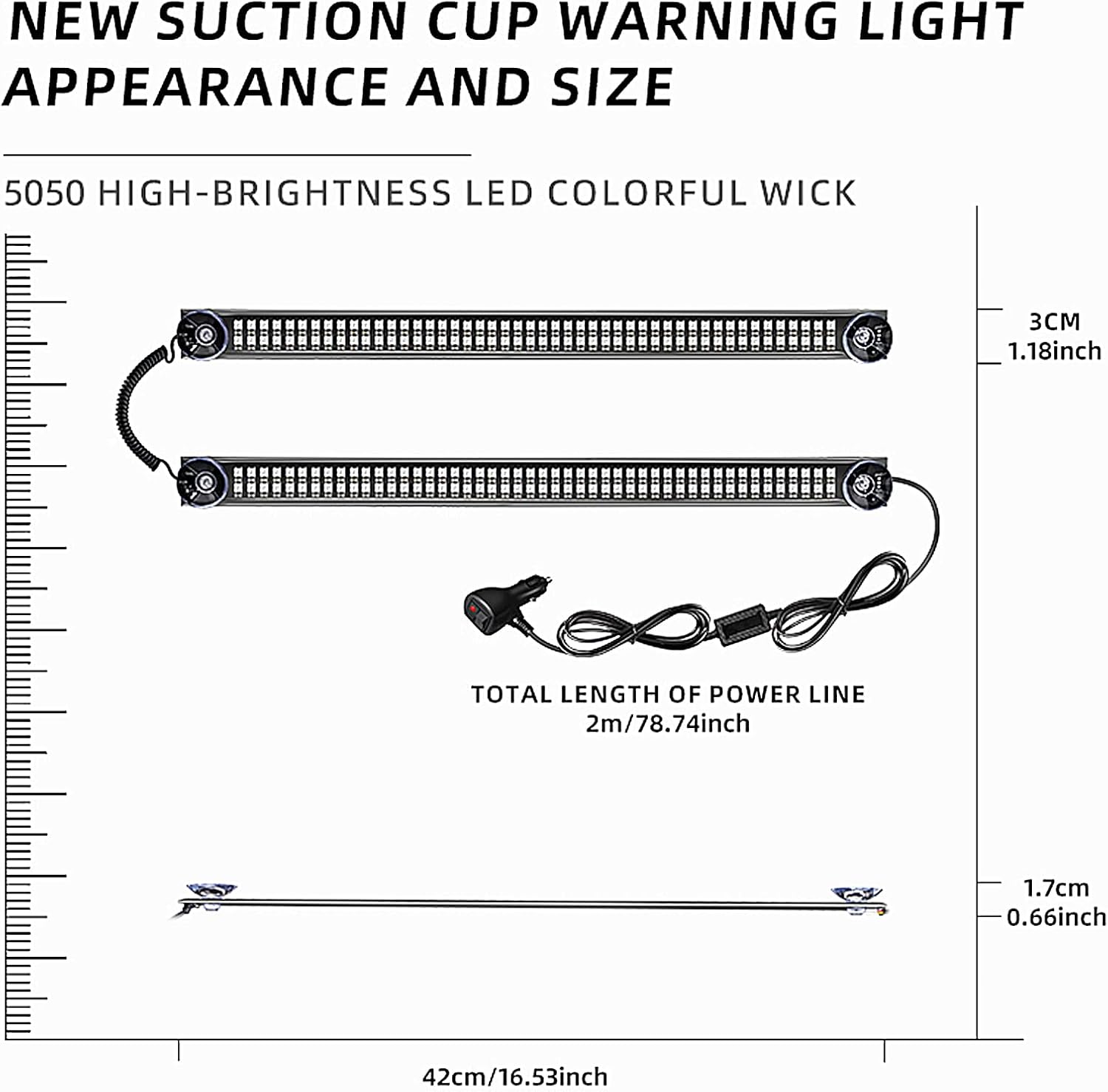 2 in 1 RGB Red Blue Emergency Hazard Warning Strobe Light Bar Amber Yellow Safety Flashing Interior Windshield Light w/Suction Cups for Tow/Plow Truck Police Firefighter Construction Vehicles