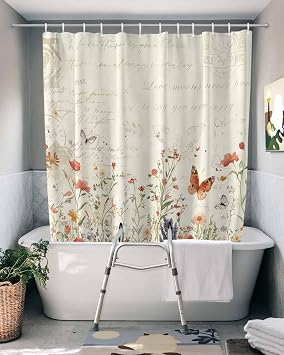 Farmhouse Floral Split Shower Curtain for Transfer Bench Waterproof Botanical Flowers Leaf Butterfly Plants Beige Bath Curtain with 2 Vertical Separated Away Slits at Bottom Bathtub Curtain 72x72 IN