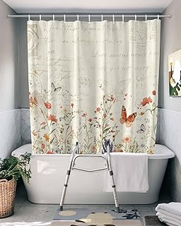 Farmhouse Floral Split Shower Curtain for Transfer Bench Waterproof Botanical Flowers Leaf Butterfly Plants Beige Bath Curtain with 2 Vertical Separated Away Slits at Bottom Bathtub Curtain 72x72 IN