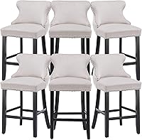 Vista 12 de Rhomtree Taburetes de bar tapizados de terciopelo modernos de 27 pulgadas con patas de madera, botón acolchonado, cabeza de clavo cromada, taburetes