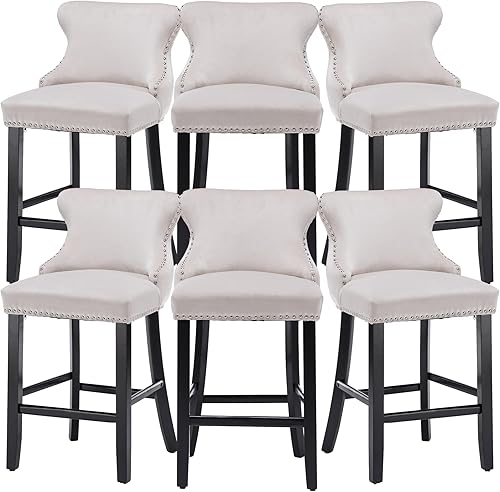 Miniatura 12 de Rhomtree Taburetes de bar tapizados de terciopelo modernos de 27 pulgadas con patas de madera, botón acolchonado, cabeza de clavo cromada, taburetes