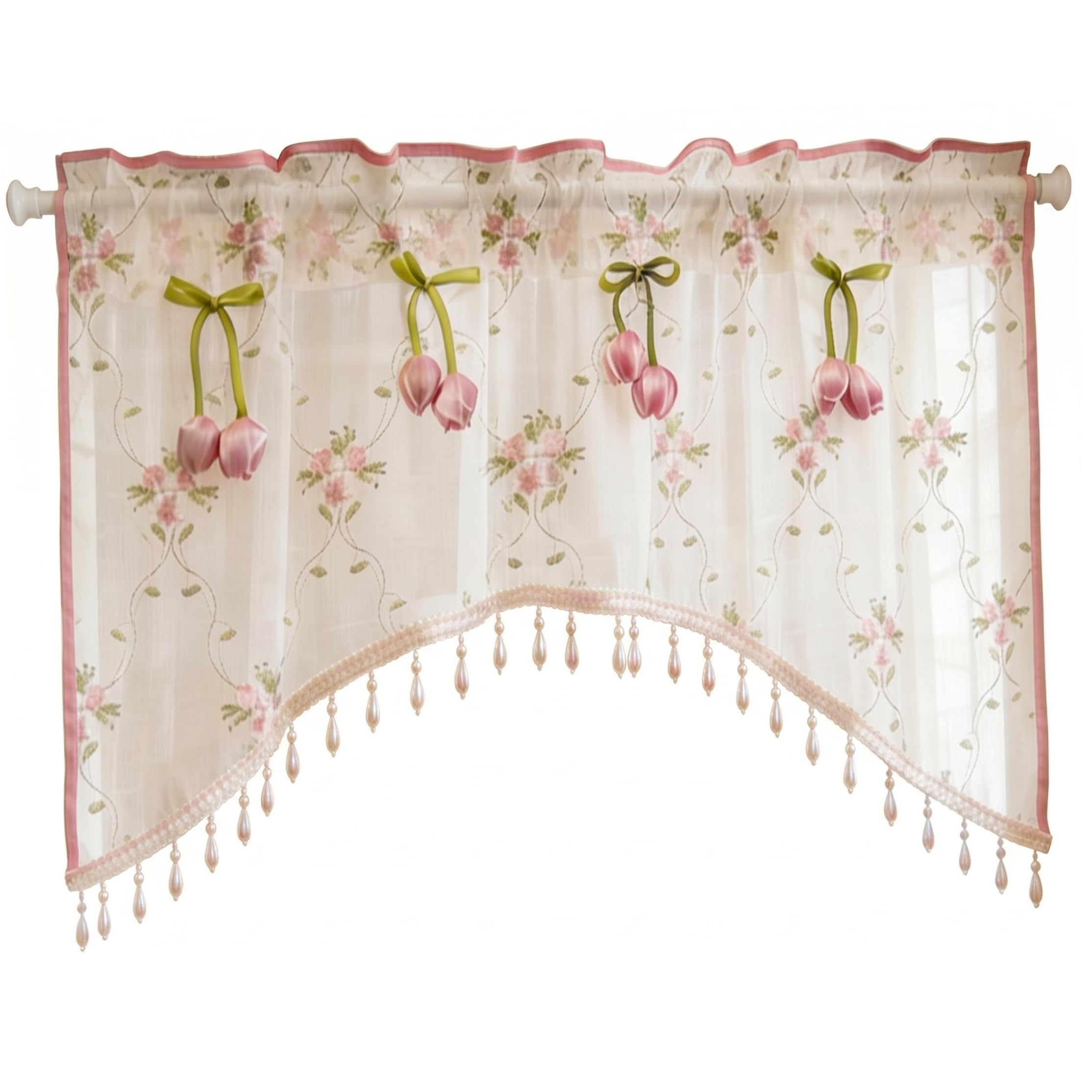 Ginwrek Floral Kitchen Curtains, Aesthetic Sheer Valance Curtain with Decor & Beaded Fringe Light Filtering Kitchen Valance, 39 X 24 Inch