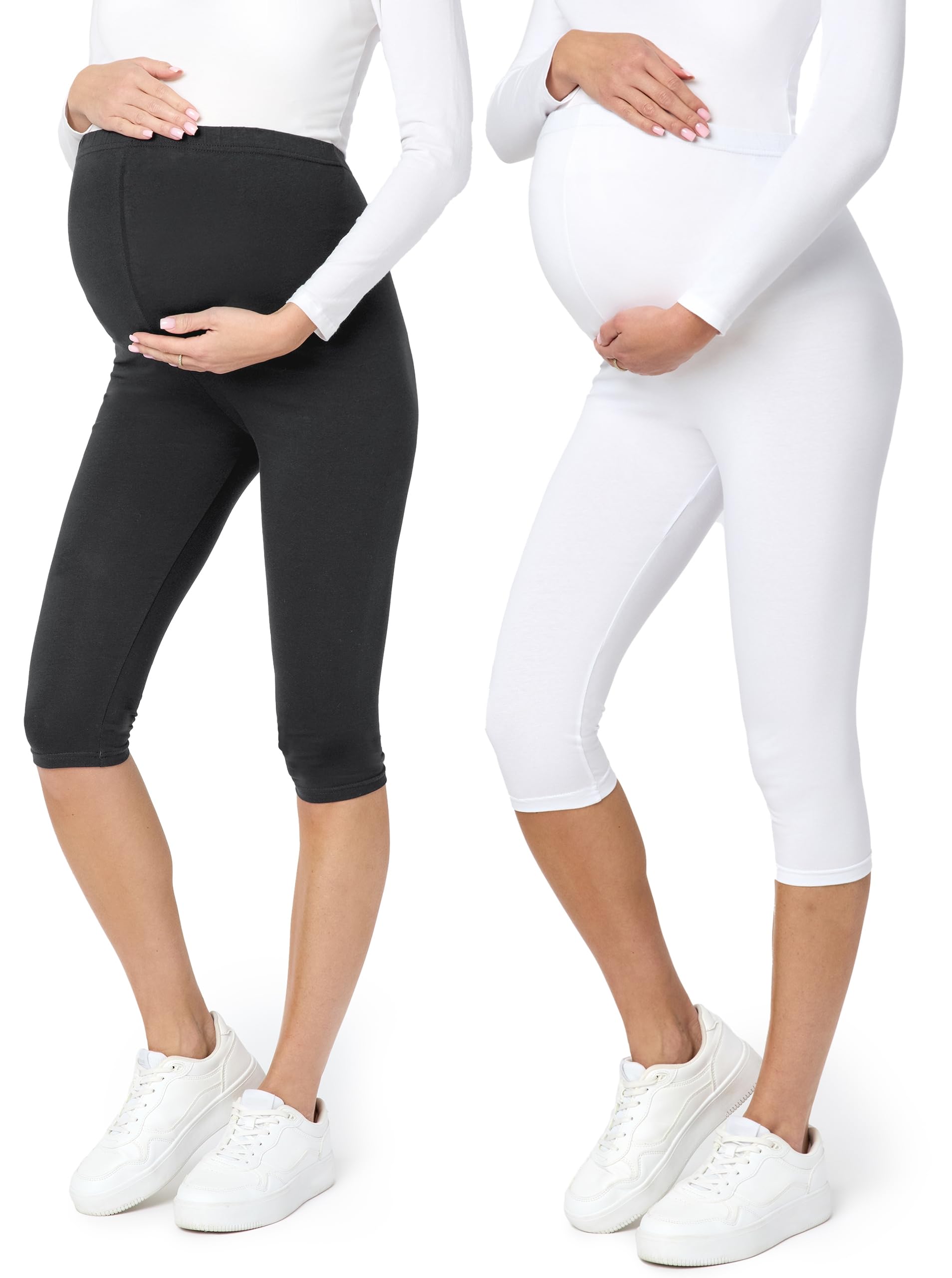 Be Mammy 3/4 Umstandsleggings Kurz aus Baumwolle Bequeme und blickdichte Schwangerschaftsleggings 2Pack Umstandsmode BE20-229
