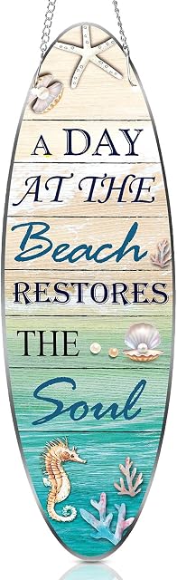 Metal Surfboard Sign Decor A Day At The Beach Restores The Soul Plaque Hanging Beach Decor for Wall and Door Outside Decor , 4 x 12.6 Inch
