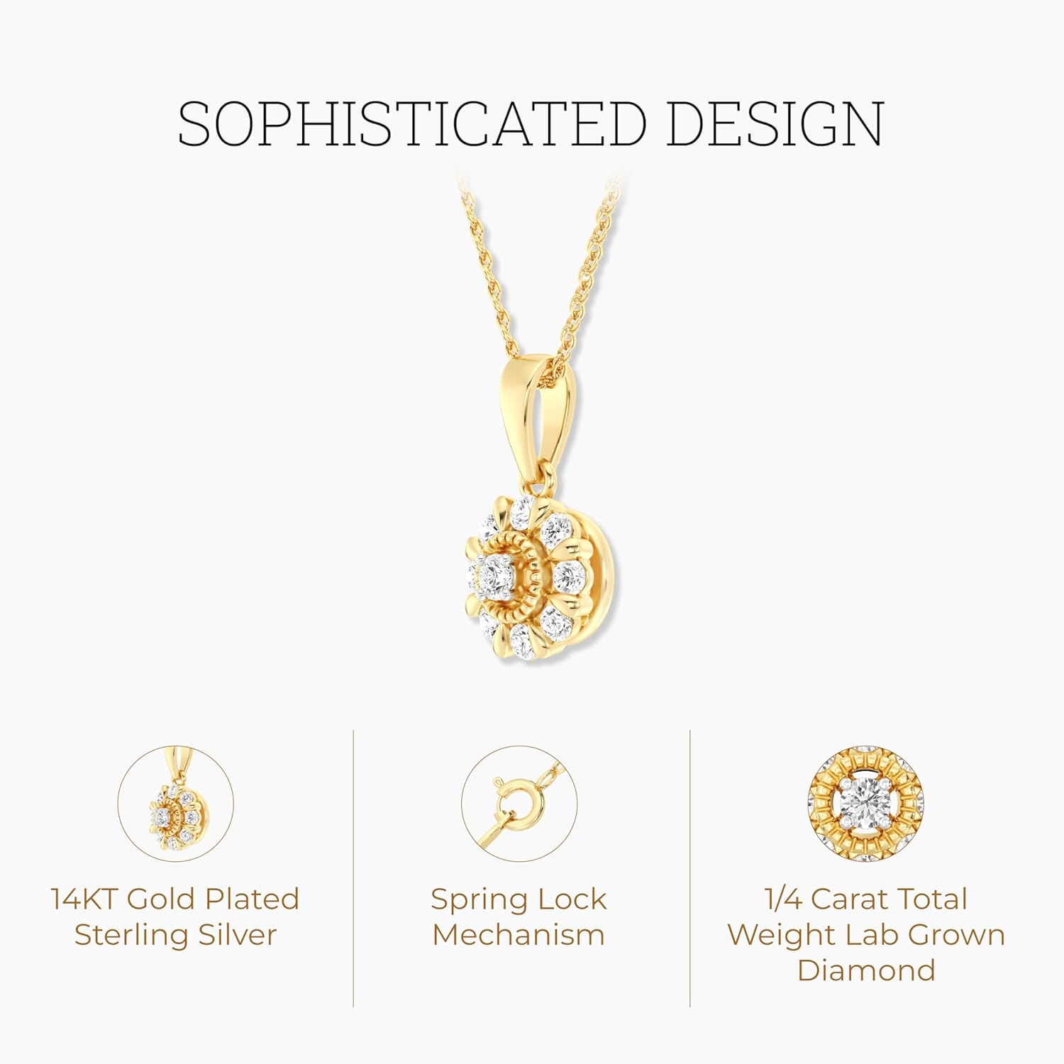 GILDED Itsy Bitsy Lab-Grown Diamond Pendant, 0.25 CTTW, Sterling silver and 14KT Gold Plated Silver SI1 F-Color Diamonds, Prong-Set, 18” Chain with Spring-Ring Lock