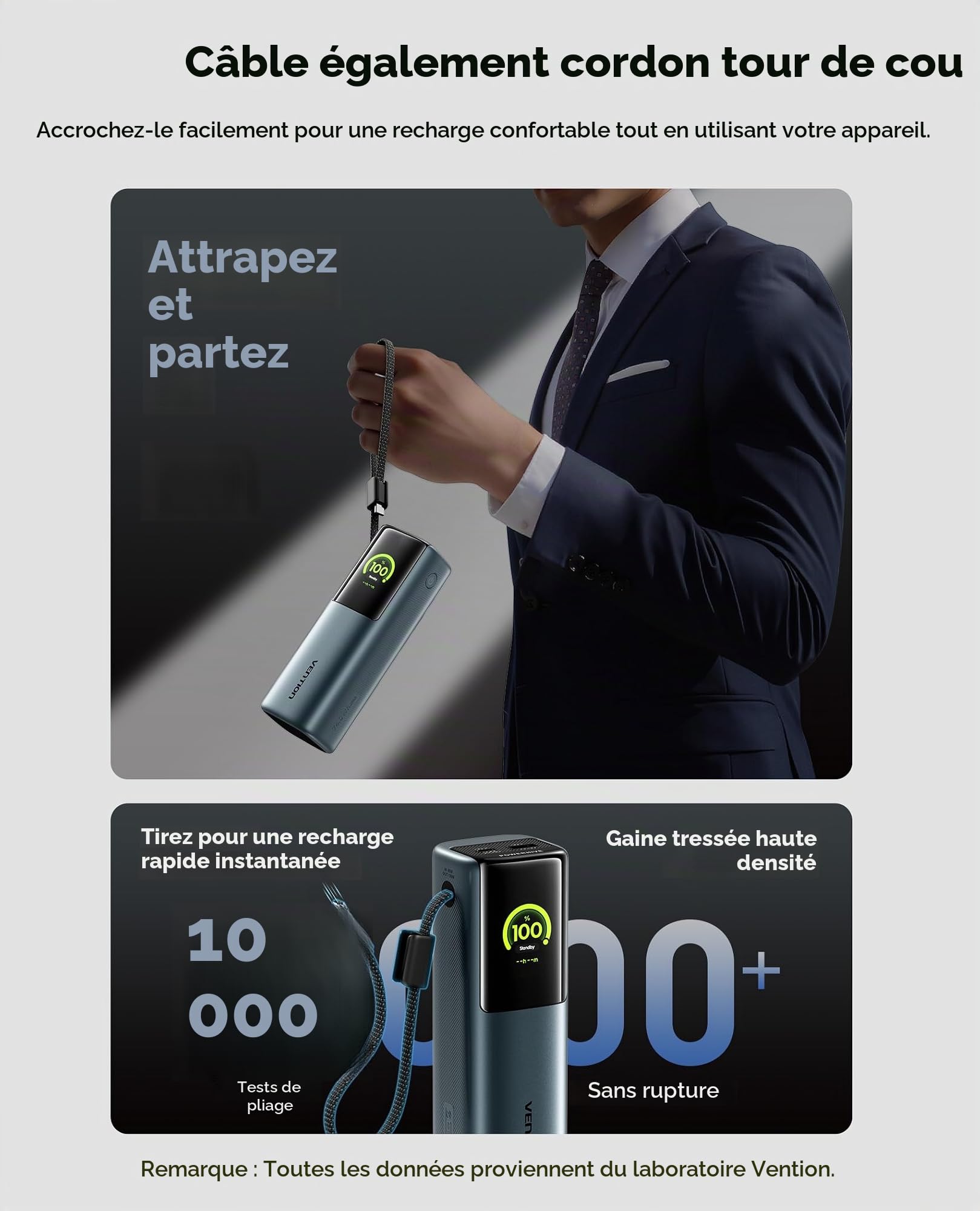 VENTION Power Bank 20000mAh 165W, Batterie Externe Charge Rapide avec Écran Digital et Emoji, Câble USB-C Intégré, 2×USB-C + USB-A, Compatible avec MacBook Pro, iPad, Dell, iPhone 17/16/15, Galaxy