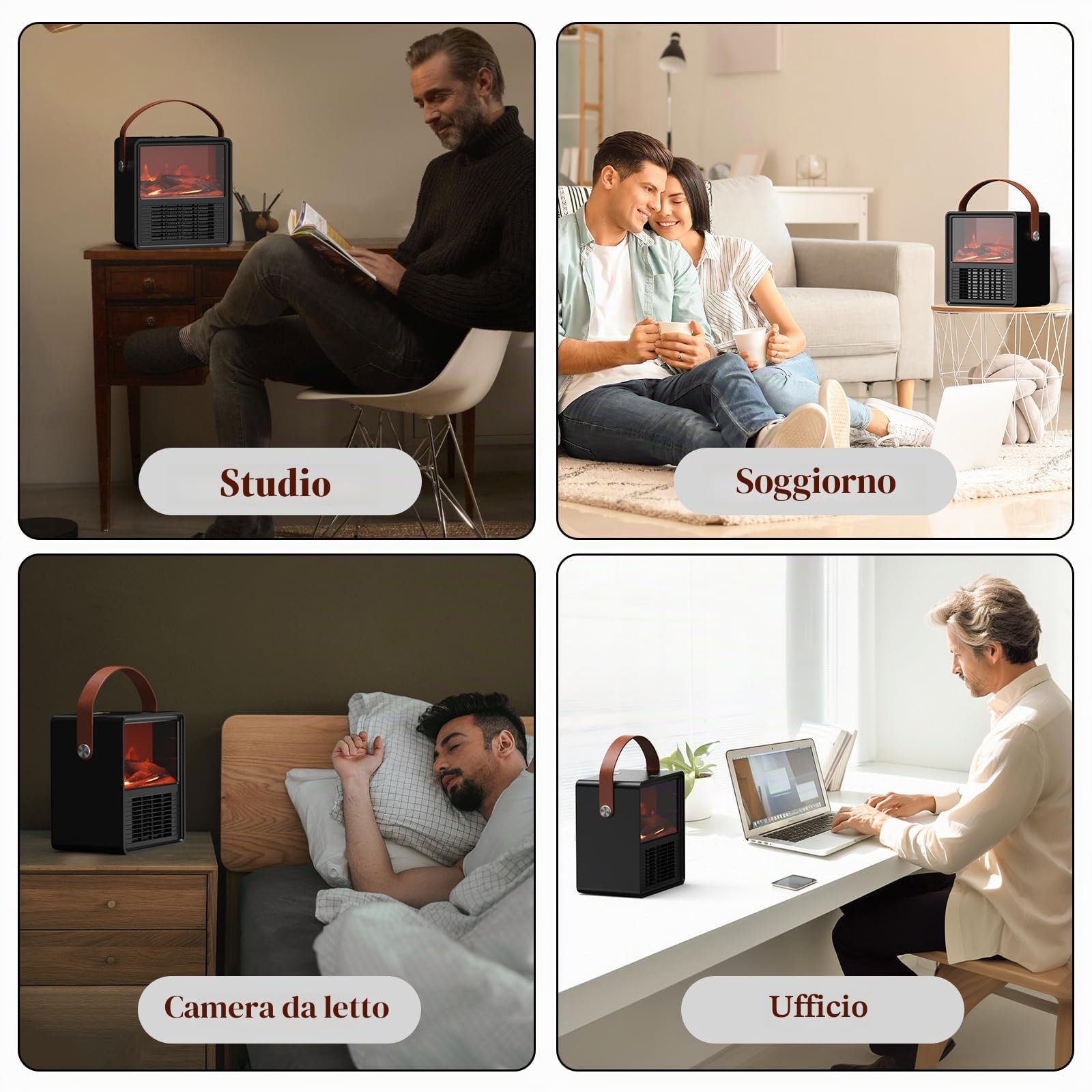 Minthouz Termoventilatore Elettrico 1200W/800W con Effetto Fiamma 3D, Termostato Regolabile, Sicuro, Basso Rumore, Protezione da Surriscaldamento e Ribaltamento, per Camera da Letto e Ufficio