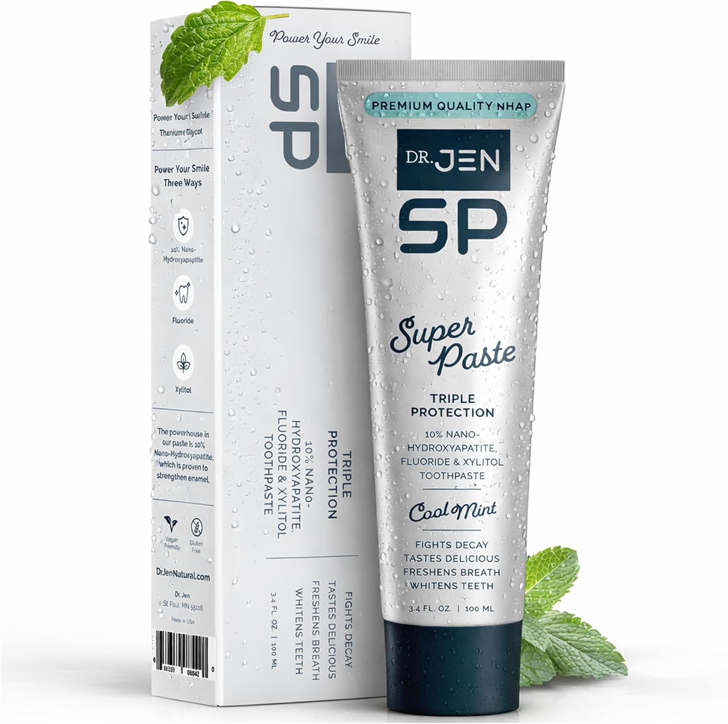 Dr. Jen Super Paste Toothpaste with 10% Premium Nano Hydroxyapatite, Fluoride, Xylitol & Glycerin for Daily Oral Care, Designed for Sensitive Teeth, Vegan, Travel Essentials, Cool Mint Flavor, 1 Pack