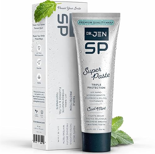Dr. Jen Super Pasta de dientes con 10% de nanohidroxiapatita premium, flúor, xilitol y glicerina para el cuidado bucal diario, diseñada para dientes