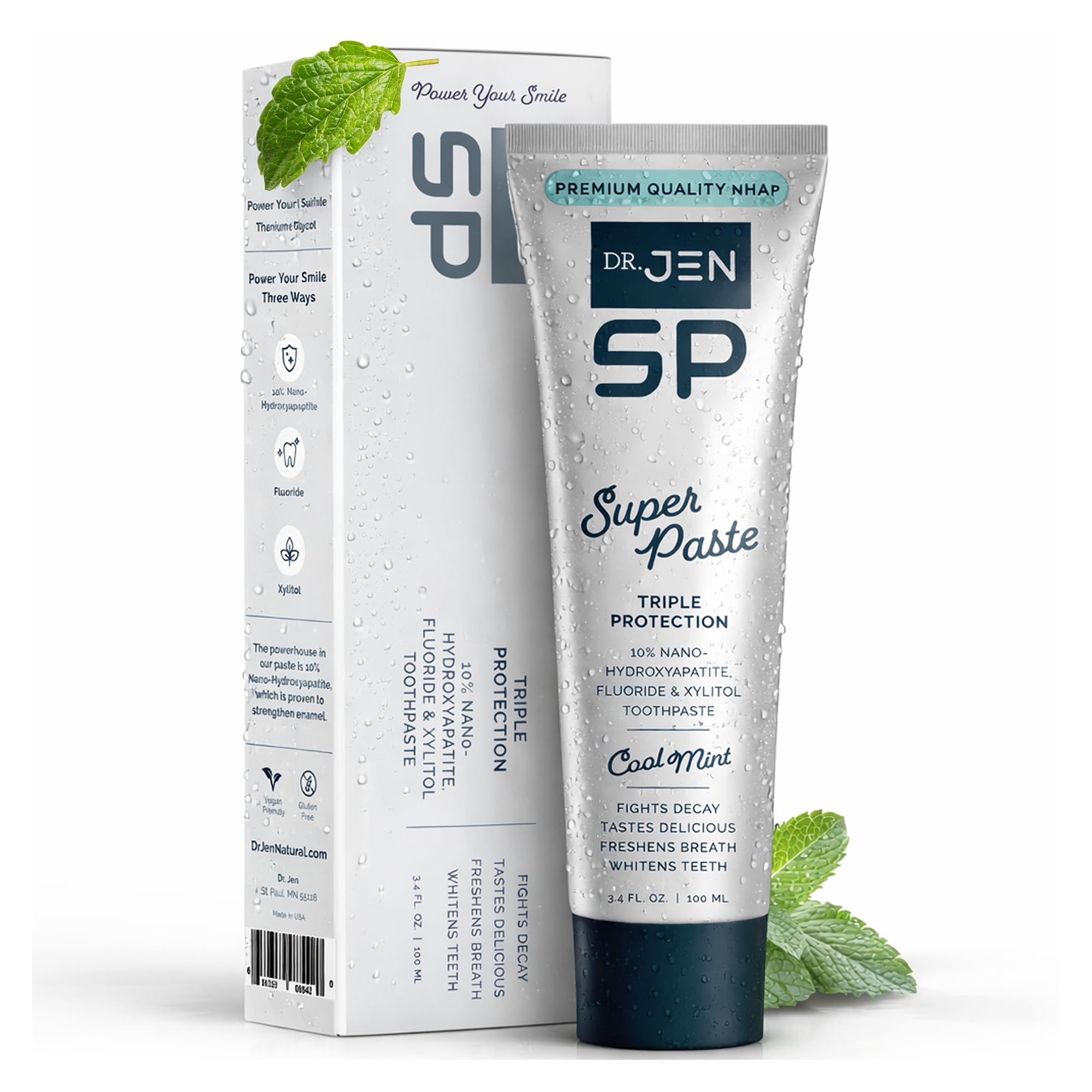 Dr. Jen Super Paste/Toothpaste with Fluoride +10% Nano-Hydroxyapatite Travel Toothpaste for Teeth Whitening & Sensitive Teeth Care (1 Pack, Cool Mint)