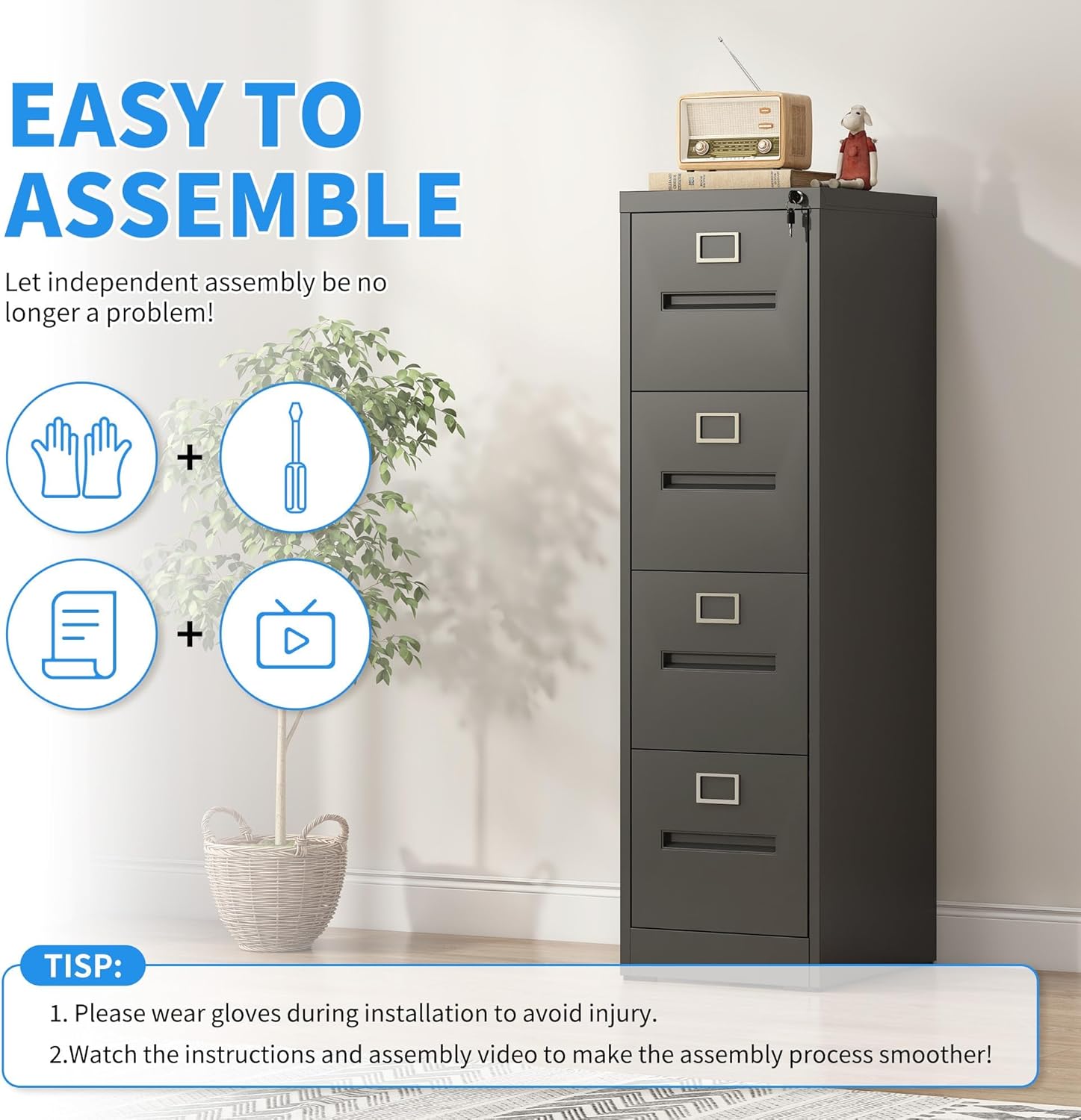 4 Drawer File Cabinet with Lock, Metal Vertical Filing Cabinet for Home Office, Office Furniture for Organization Hanging Files for A4/ Legal/Letter, Heavy Duty Storage Cabinet,Require Assembly-Black