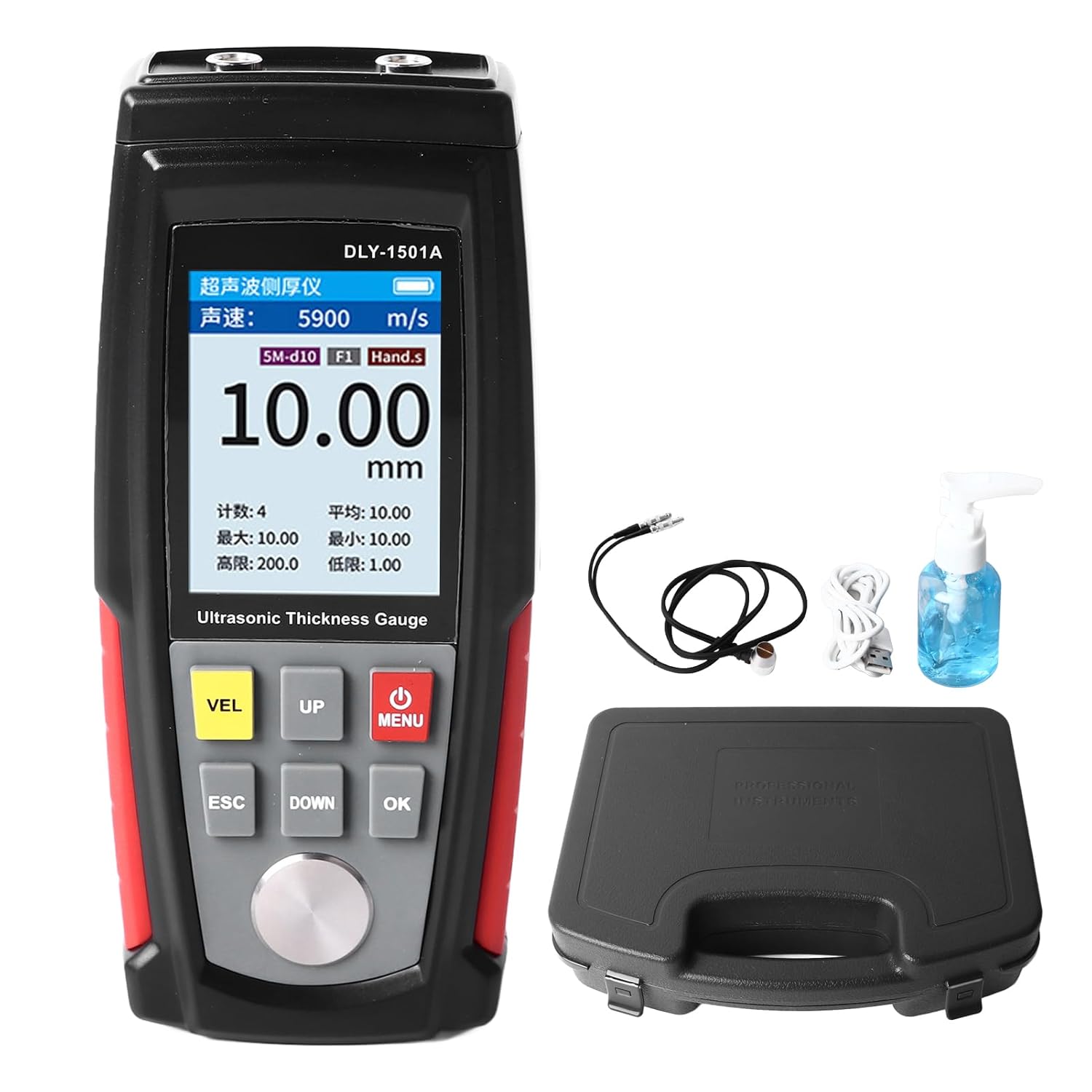 Digital Ultrasonic Thickness Gauge for Metal Plastic Glass Ceramic with 1-225mm Range and Split Probe Design Battery Powered
