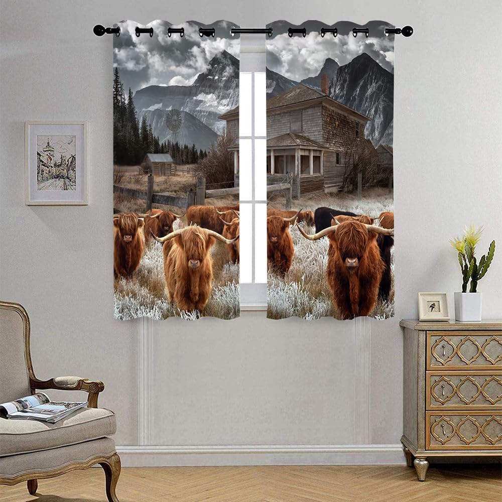 Rustic Misty Forest Highland Cow Curtains for Living Room Bedroom,Vintage Western Farmhouse Mountain Highland Cow Thermal Insulation Curtains Window Grommet Treatments- 2 Panels 63" L x 21" W