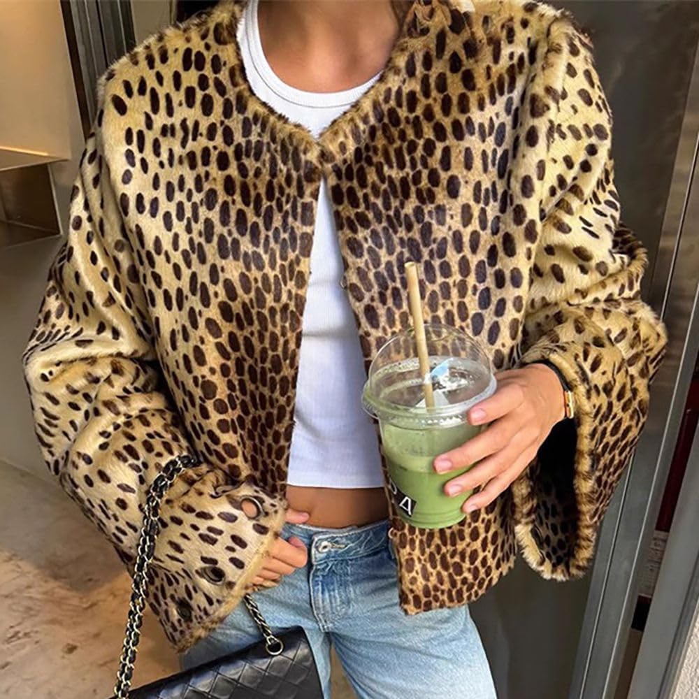 Gothic Y2K Leopard Print Faux Fur Jacket for Women Trendy Punk Bohemian Fall Winter Casual Long Sleeve Tops