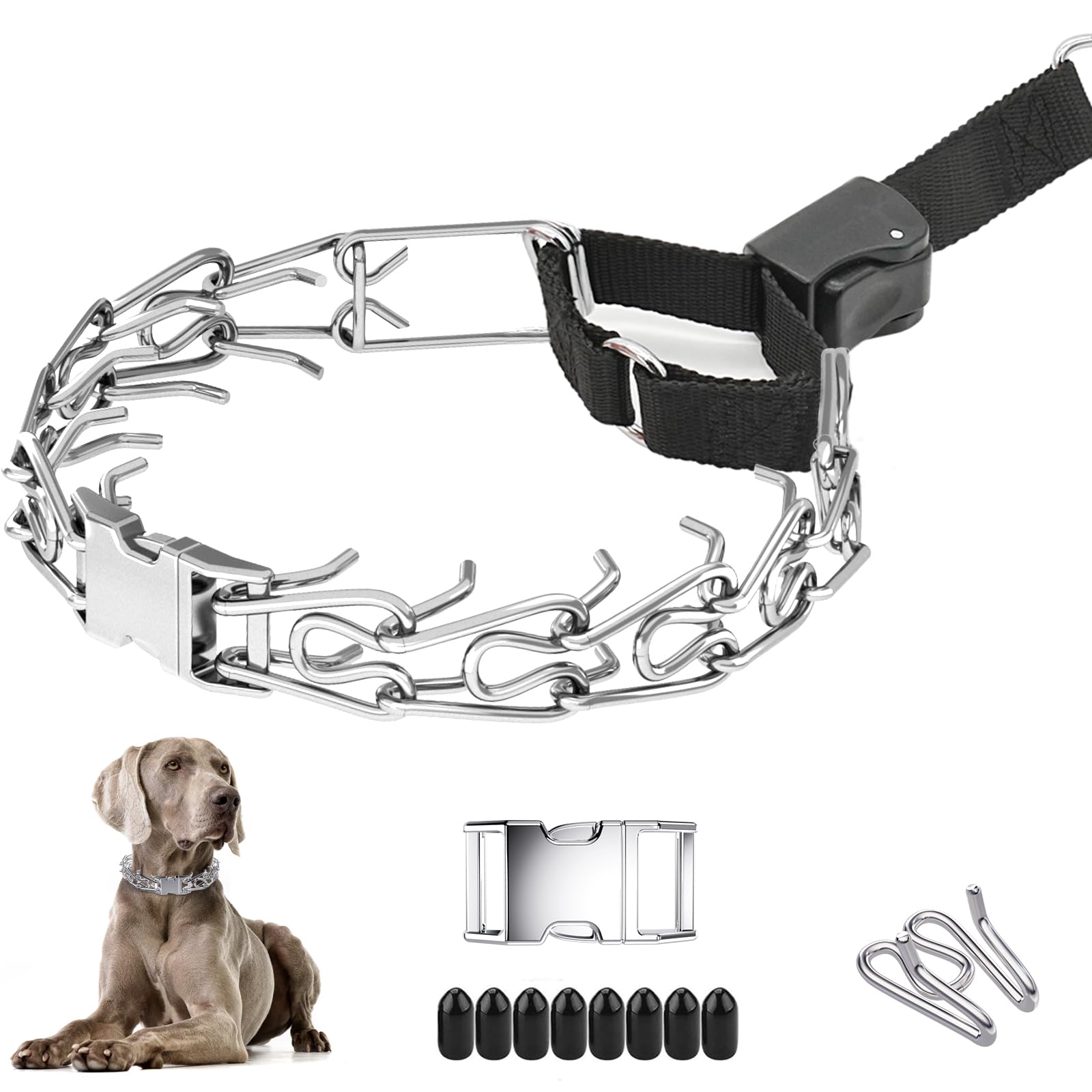 Supet Dog Prong Collar for Dogs, No Pull Pinch Collar, Adjustable Dog Training Collar with Metal Quick Release Buckle, Extra Link & Rubber Tips for Small Medium Large Dogs