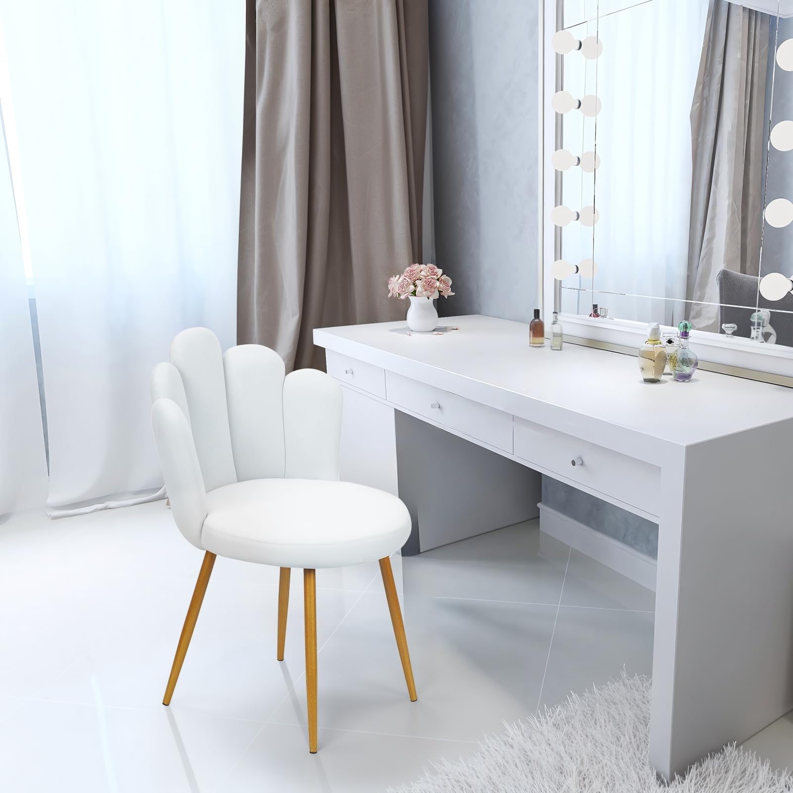 Chaise de vanité Moderne pour Salle de Maquillage, Chaise en Velours de Style Nordique avec Support arrière, Jambe en métal, pour Chambre à Coucher Blanc