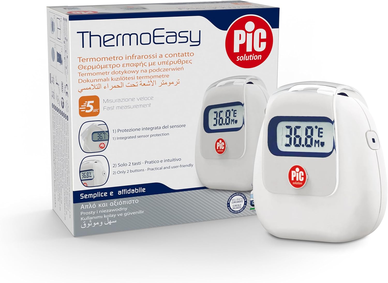 Pic Solution Thermoeasy thermometer with its protective sensor cover, shown next to its packaging.