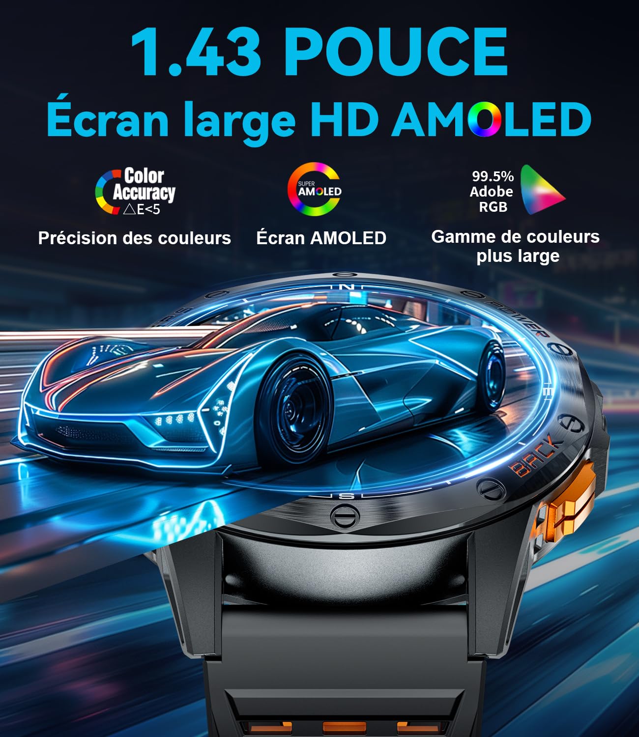 LIGE Montre Connectée Homme GPS avec Boussole/Baromètre, Lampe Torche, Écran AMOLED 1,43", Batterie 600mAh, 5ATM, Appels Bluetooth, Suivi Santé pour Android et iOS, DM1-H