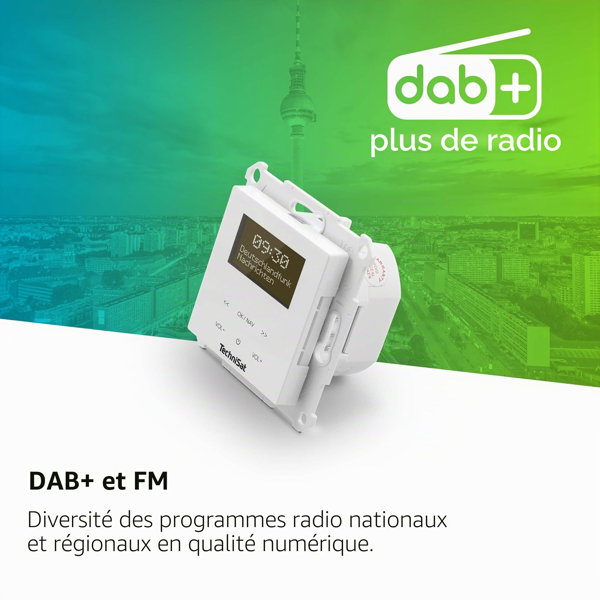 TechniSat DIGITRADIO UP 55 - Radio Dab+ encastrable pour Un Montage Flexible (Dab, FM, réception Bluetooth, écran OLED dimmable, Alarme et minuterie de Sommeil, 2 Watts) Frontale RAL 9016, Blanc