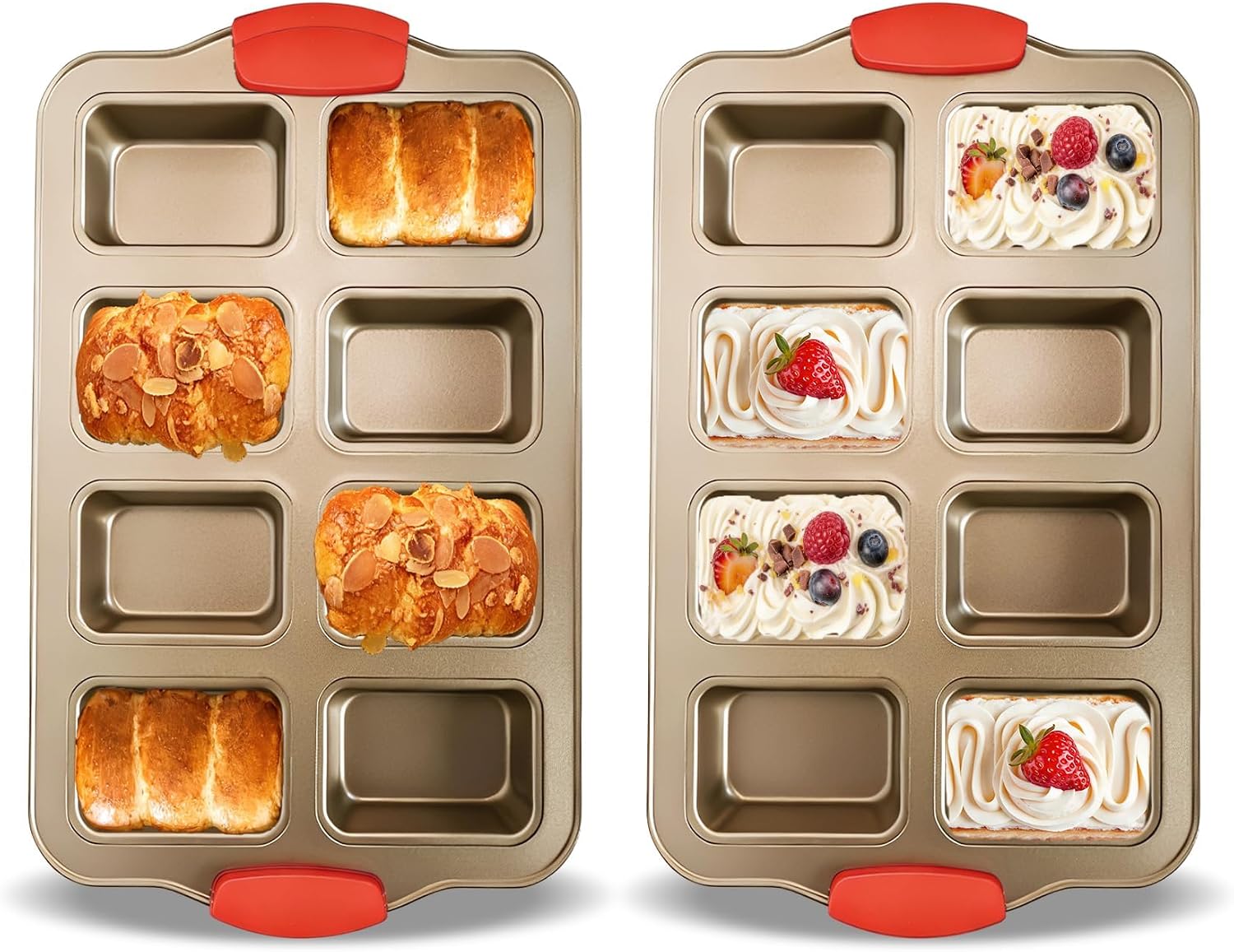 2 Pack Mini Loaf Pans, 8 Cavity Loaf Baking Pans With Silicone Handle, Gold | Mini Bread Loaf Baking Pan, Nonstick Small Loaf Tray, Square Muffin Pan Mini Brownie Pan Cheesecake Mould Rectangular Bar