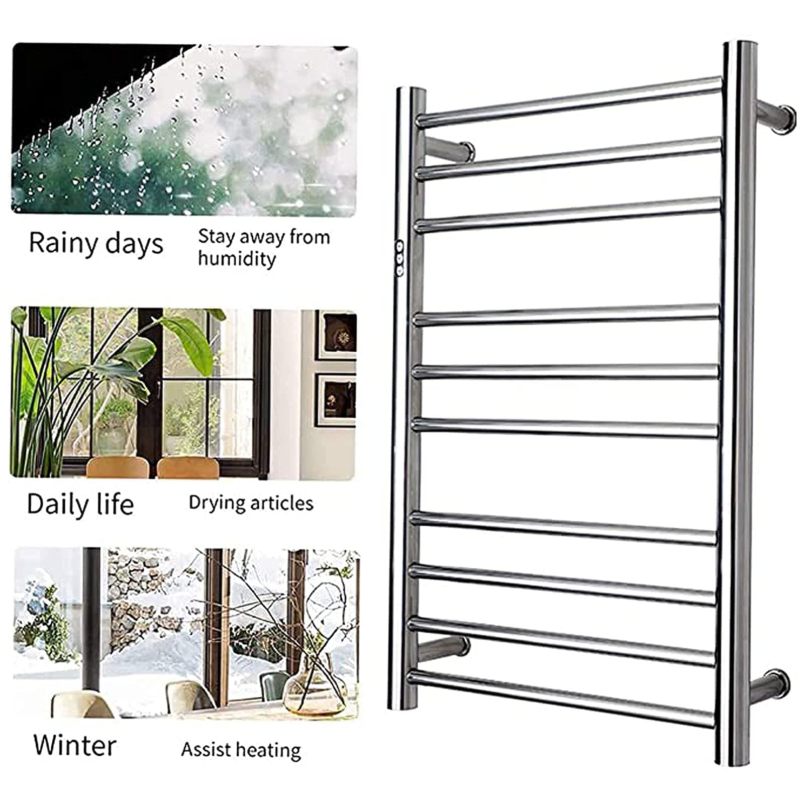 Radiador de baño con Calentador de Toallas y Temporizador, toallero eléctrico de Pared de Acero Inoxidable Pulido 304, 88 W, de bajo Consumo, Redondo