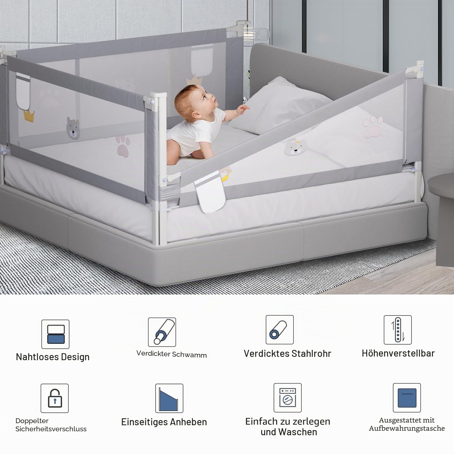 Eulenke 200cm Bettgitter, Bettschutzgitter für Kinderbett, Höhenverstellbar von 70-98cm, Rausfallschutz Bett für Kleinkinder, Kinderbett-Gitter, bettgitter rausfallschutz, Grau