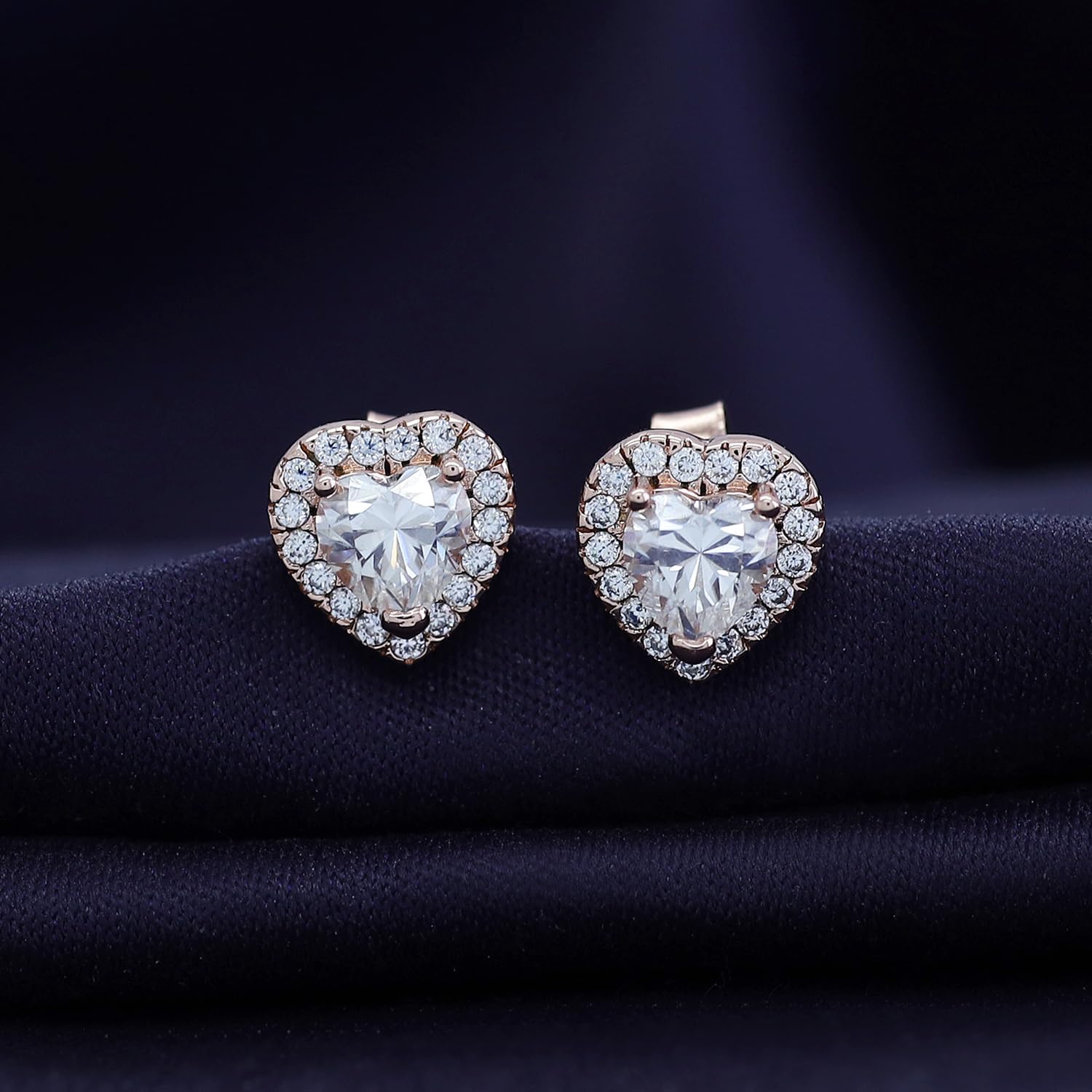 SAVEARTH DIAMONDS 18k Gold Plated Sterling Silver Post Halo Stud Earrings | Heart, Round & Teardrop style Moissanite Diamond Stud Earrings for Women | Push Back Earrings For Her