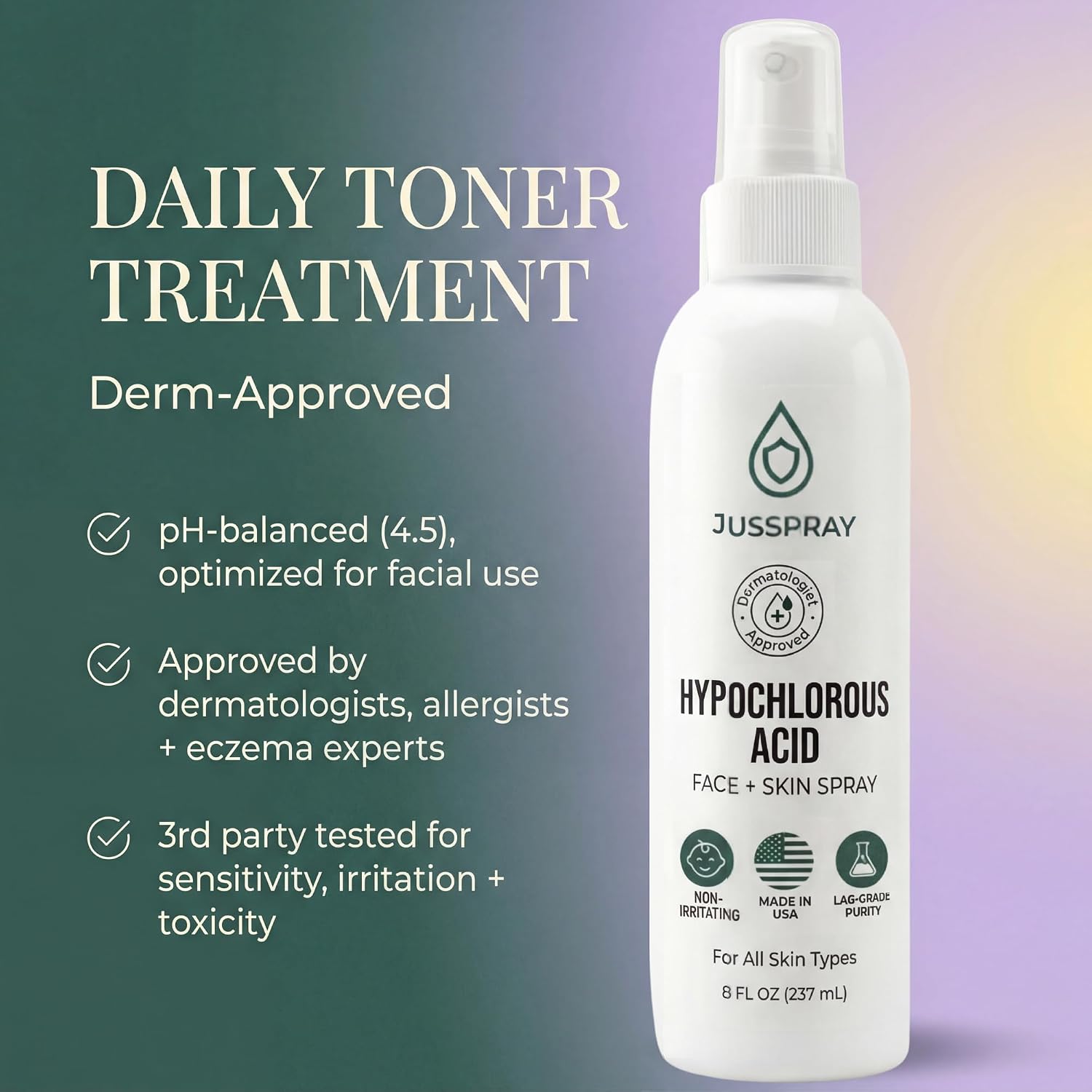 Jusspray™ Hypochlorous Acid Spray for Face and Skin | HOCI Facial Cleanser Mist | 32oz Refill Hypochlorous Acid for Face, Skin, Acne, Eczema, Body Acne Sprays, Piercing Aftercare, Wound Solution