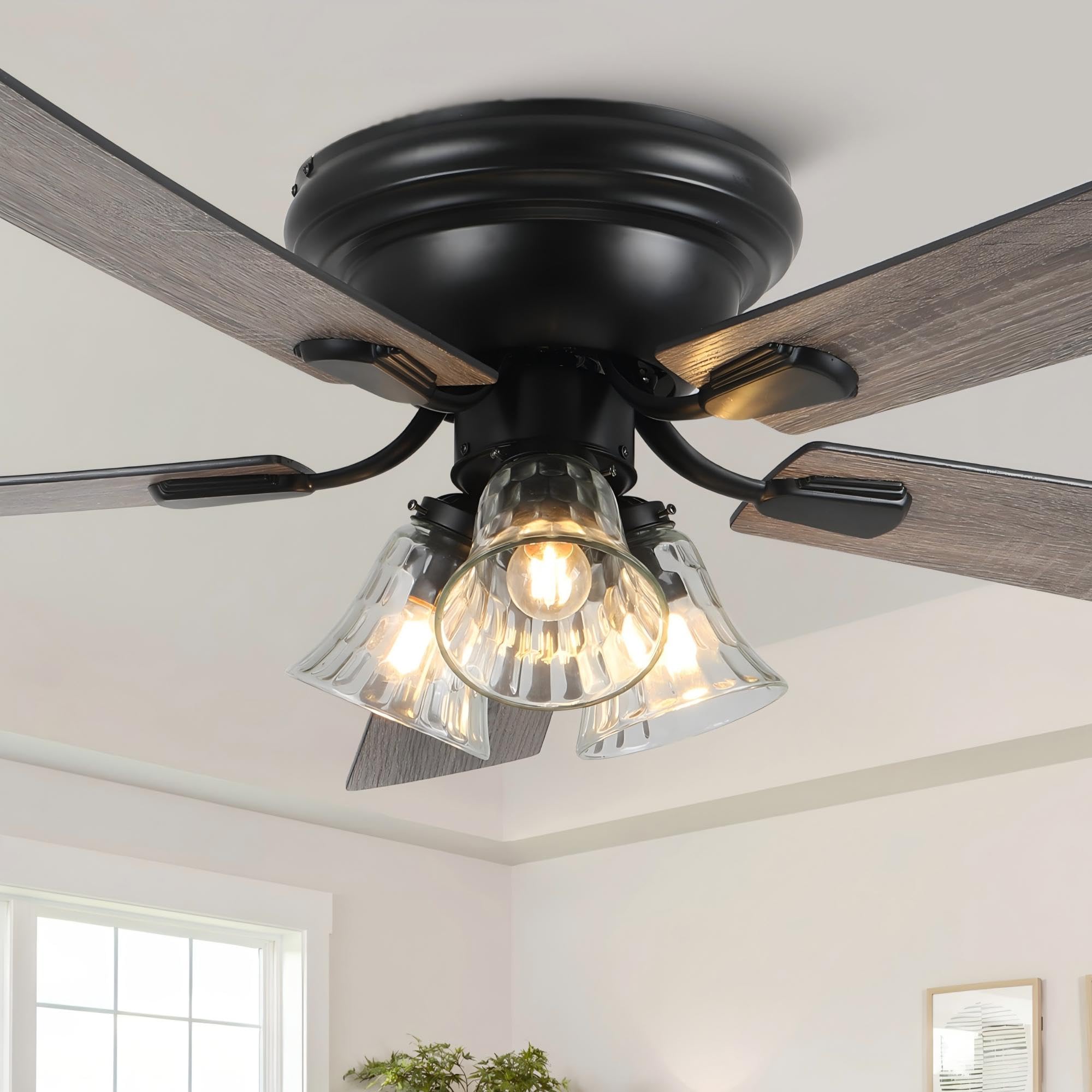 CNCMtiger 52 Inch Vintage Flush Mount Ceiling Fan with Lights and Remote