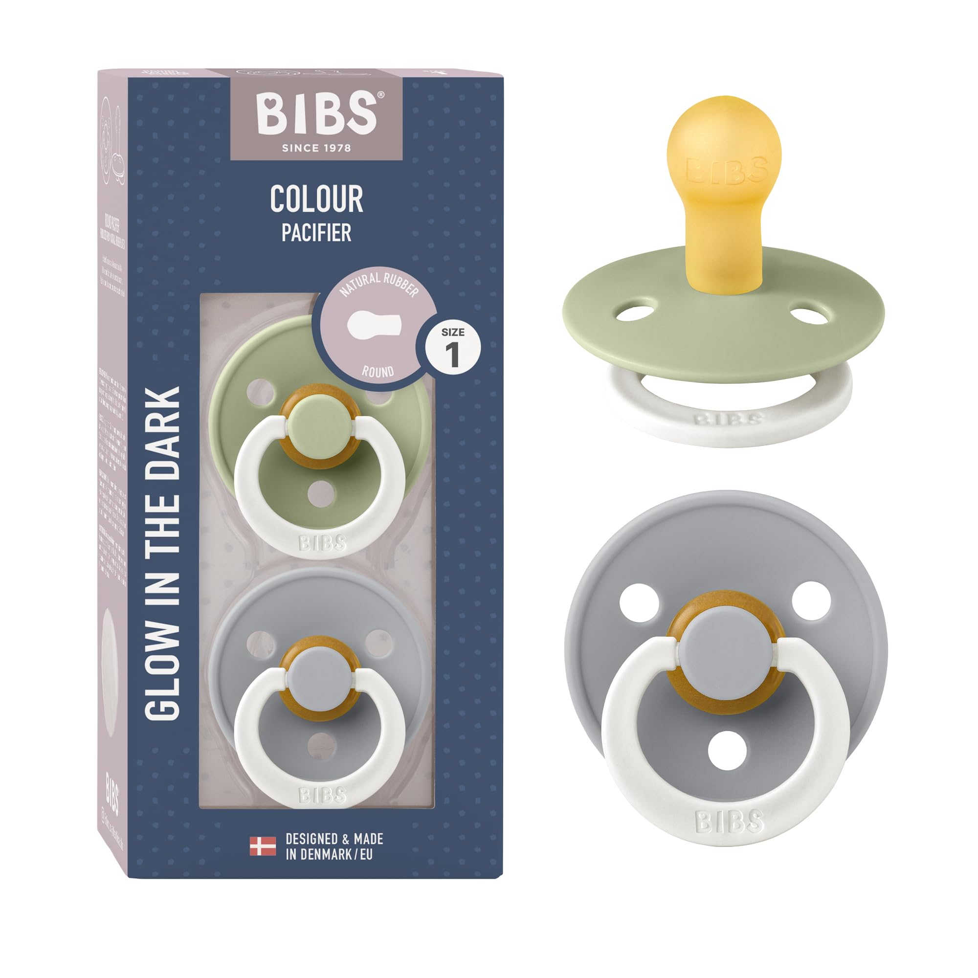 BIBS Colour Ciuccio confezione da 2 pezzi. Privo di BPA, Tettarella tonda. Lattice di gomma naturale, Misura 1 (0-6 mesi), Sage NIGHT/Cloud NIGHT