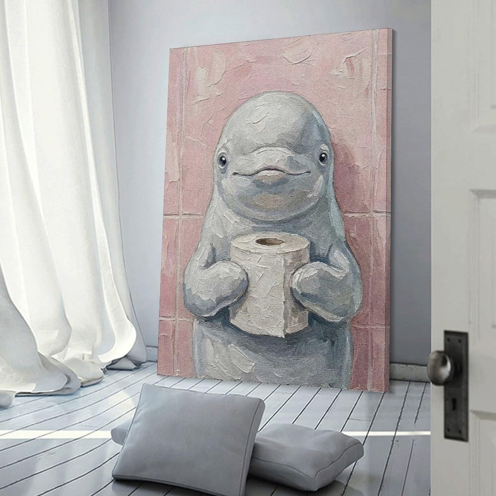 Junmoney Beluga Whale with Toilet Paper Painting Canvas Wall Picture, 24x36inch(60x90cm), for Study, Office Or Apartment Decor, A Wall Art Gift for Fresh Interiors