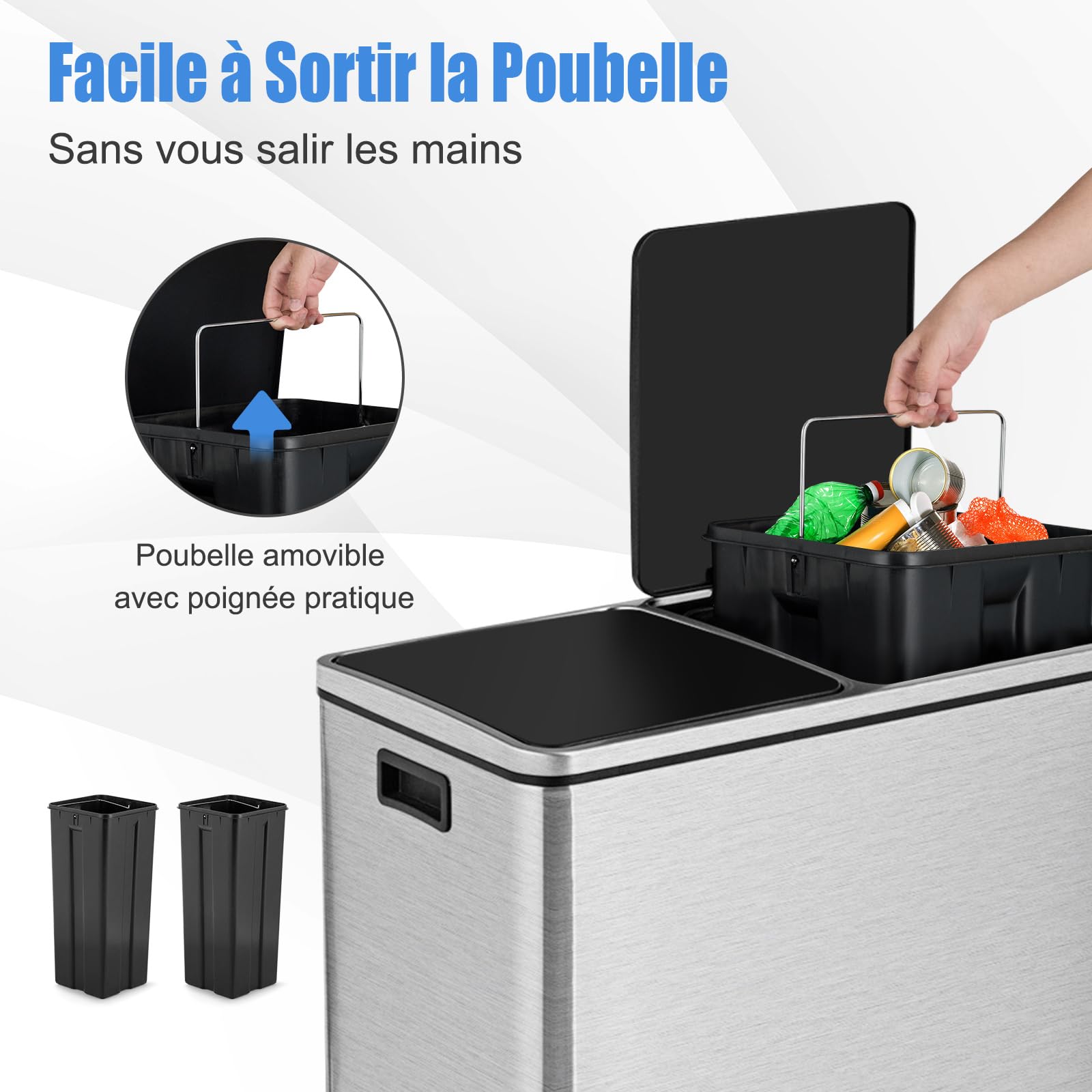 Poubelle Cuisine Automatique 56 L – Capteur Mouvement, Fermeture Douce – 3 Compartiments – Acier Inox Noir - 14