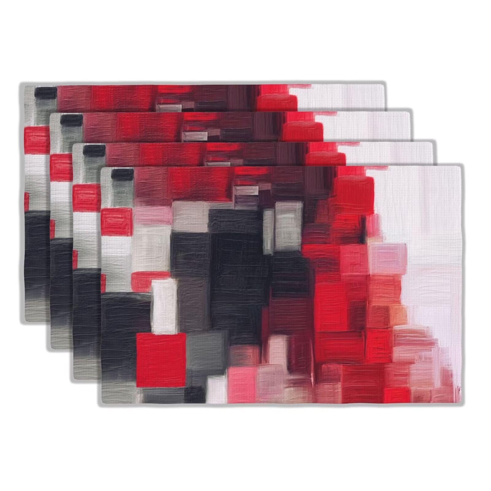 XALOGEER Abstract Art Placemats Set of 4 Modern Red Black White Painting Art Linen Washable Place Mats Rectangular Cloth Table Mat for Party Kitchen Dining Decoration Indoor Outdoor, 12x18 inch