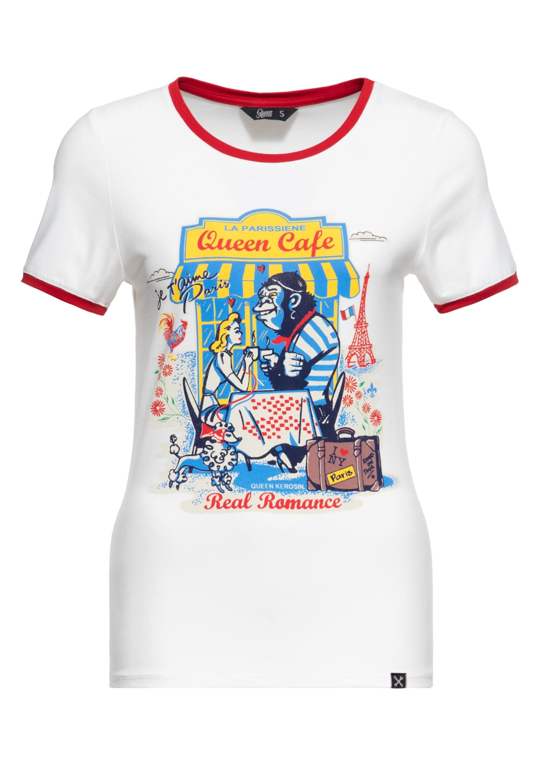 Queen Kerosin Damska koszulka z nadrukiem | koszulka z krótkim rękawem | Ringer | komiks | kreskówka | grafika | Paryż | Francja | Vintage | Retro Real Romance