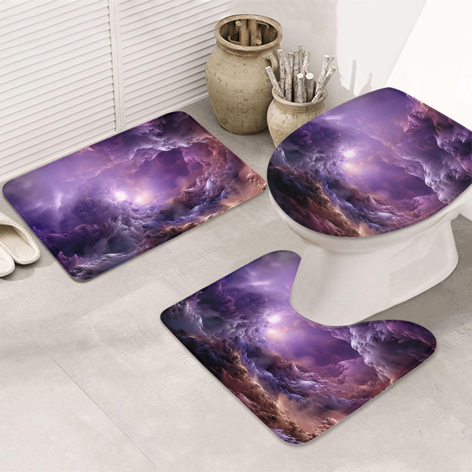 Tapis de bain ultra absorbants lot de 3 avec contour WC et tapis douche galaxie violette