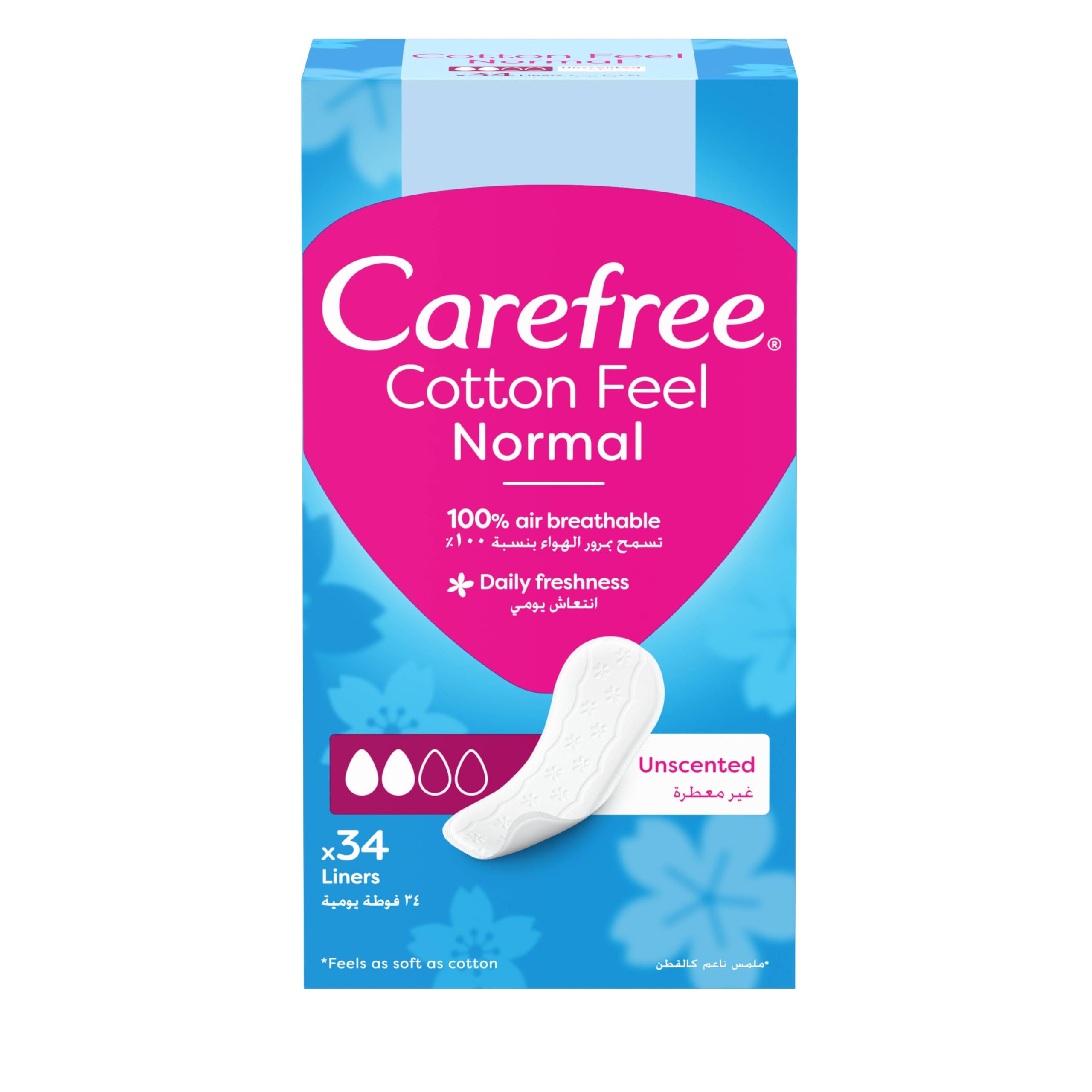 Carefree Daily Cotton Panty Liners (34 Count), Unscented Liners for Reliable Everyday Protection, Stay-in-Place Comfort and Hygiene for a Fresh Feeling All Day Long