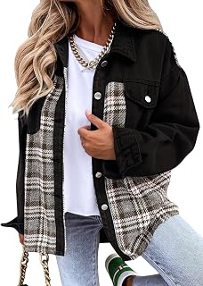 Womens Oversized Denim Jacket Casual Long Sleeve Button Down Plaid Shacket Boyfriend Jean Jacket With Pockets