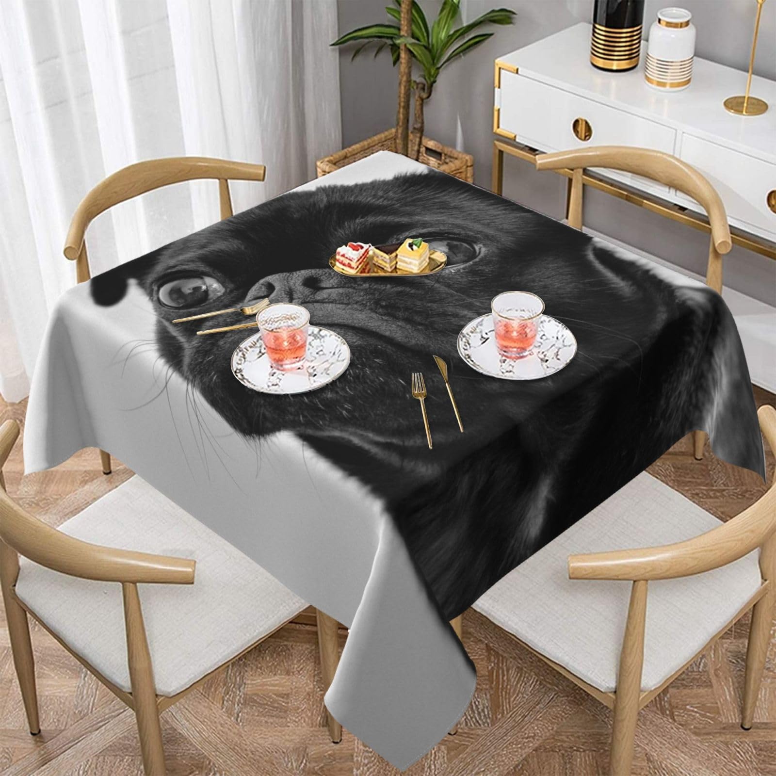 DCEHGEW Cute Black Pug Dog Prints Square Tablecloth 152x152 CM, Waterproof Fabric Table Cloth for Dining Table, Farmhouse Table Cover for Kitchen Dining Tabletop Decoration