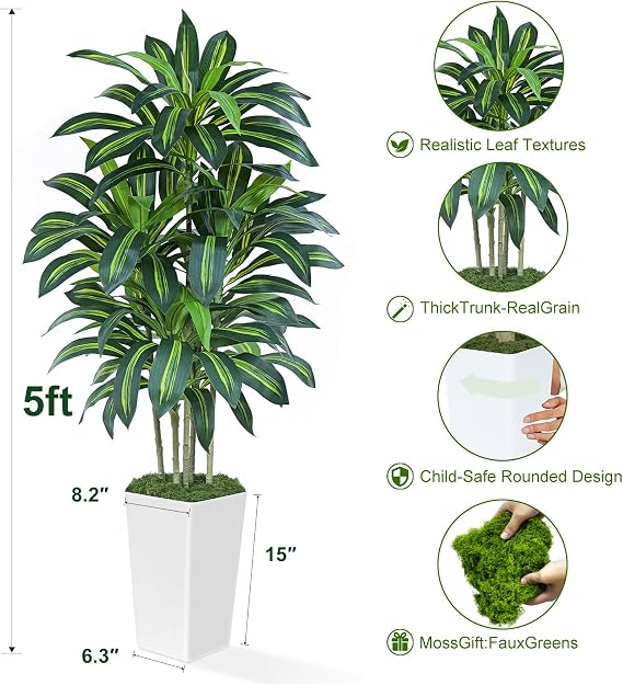 5ft Artificial Dracaena Tree with White Planter, 150cm Tall Tropical Fake Plant with 105 Leaves, Faux Artificial Tree Indoor for Office Room Modern Decor