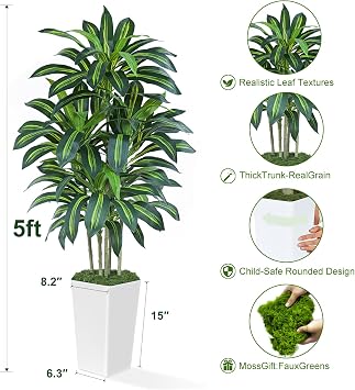 5ft Artificial Dracaena Tree with White Planter, 150cm Tall Tropical Fake Plant with 105 Leaves, Faux Artificial Tree Indoor for Office Room Modern Decor