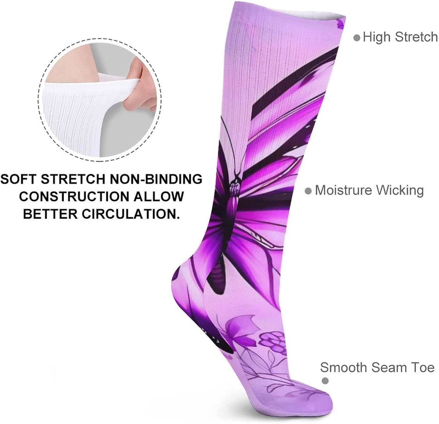 Breathable Crew Sock, Moisture Wicking, Athletic Calf Socks, Cozy | Purple Butterfly Compression Socks for Women Men, Lightweight High Work Socks for Business, Casual