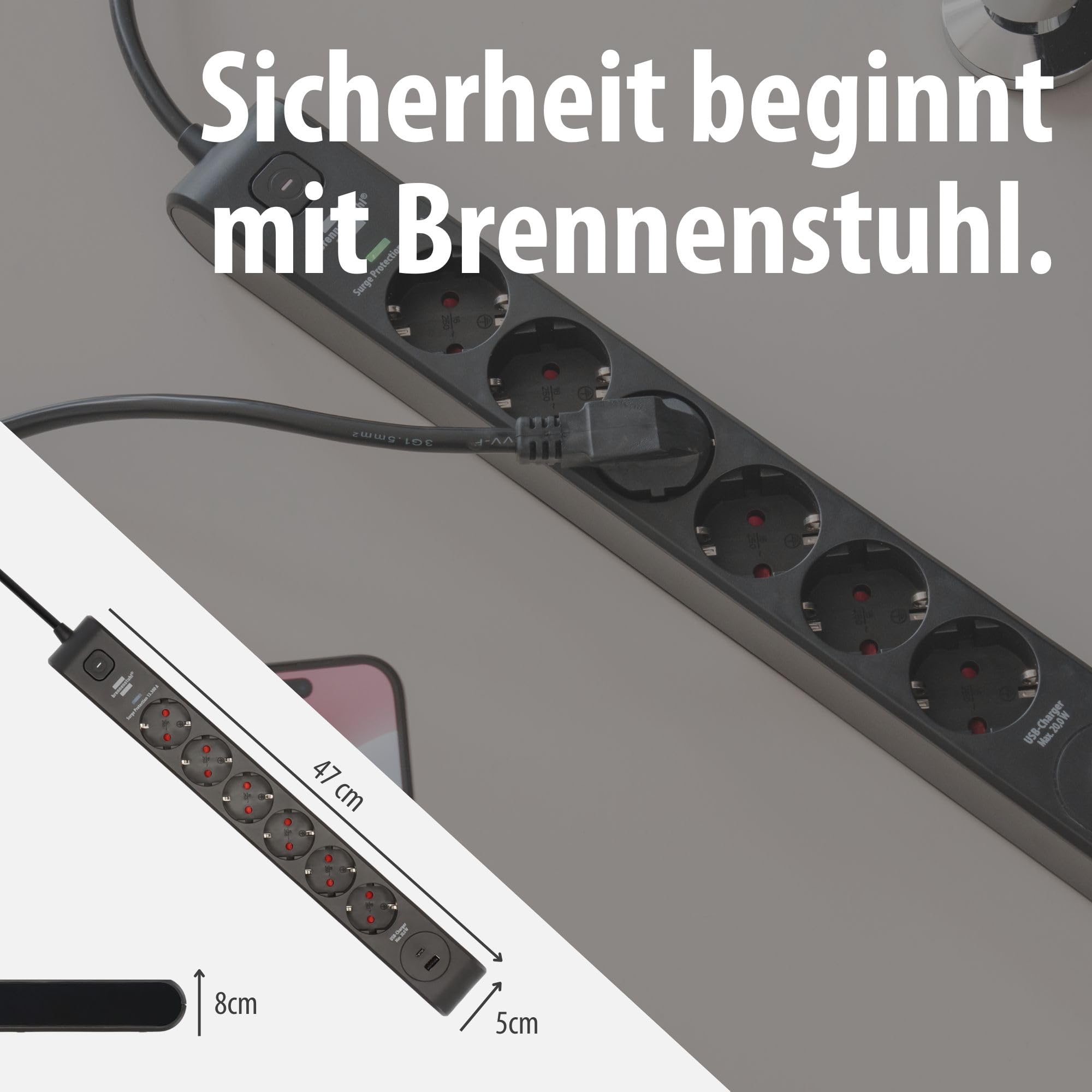 Brennenstuhl Ciabatta elettrica a 6 prese con USB e protezione da sovratensioni (presa multipla con 2 prese USB C PD 36 W per ricarica rapida e 1 USB A 36 W, interruttore, cavo da 2 m) nero