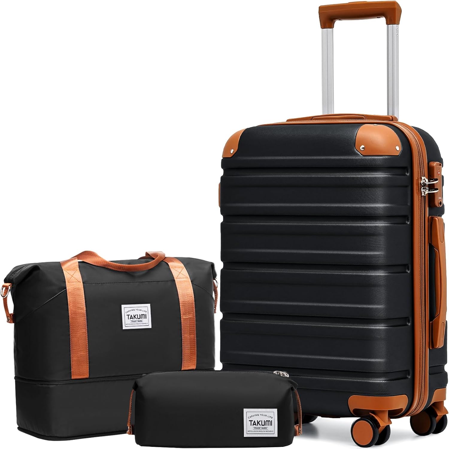 TAKUMI Carry On Luggage Set 3 Piece ABS+PC Hardshell Suitcases with Duffel Bag Double Spinner Wheels Travel Luggage with TSA Lock Lightweight Suitcase Set(BLACK BROWN, 3 PIECE SET(20/DB/TB))