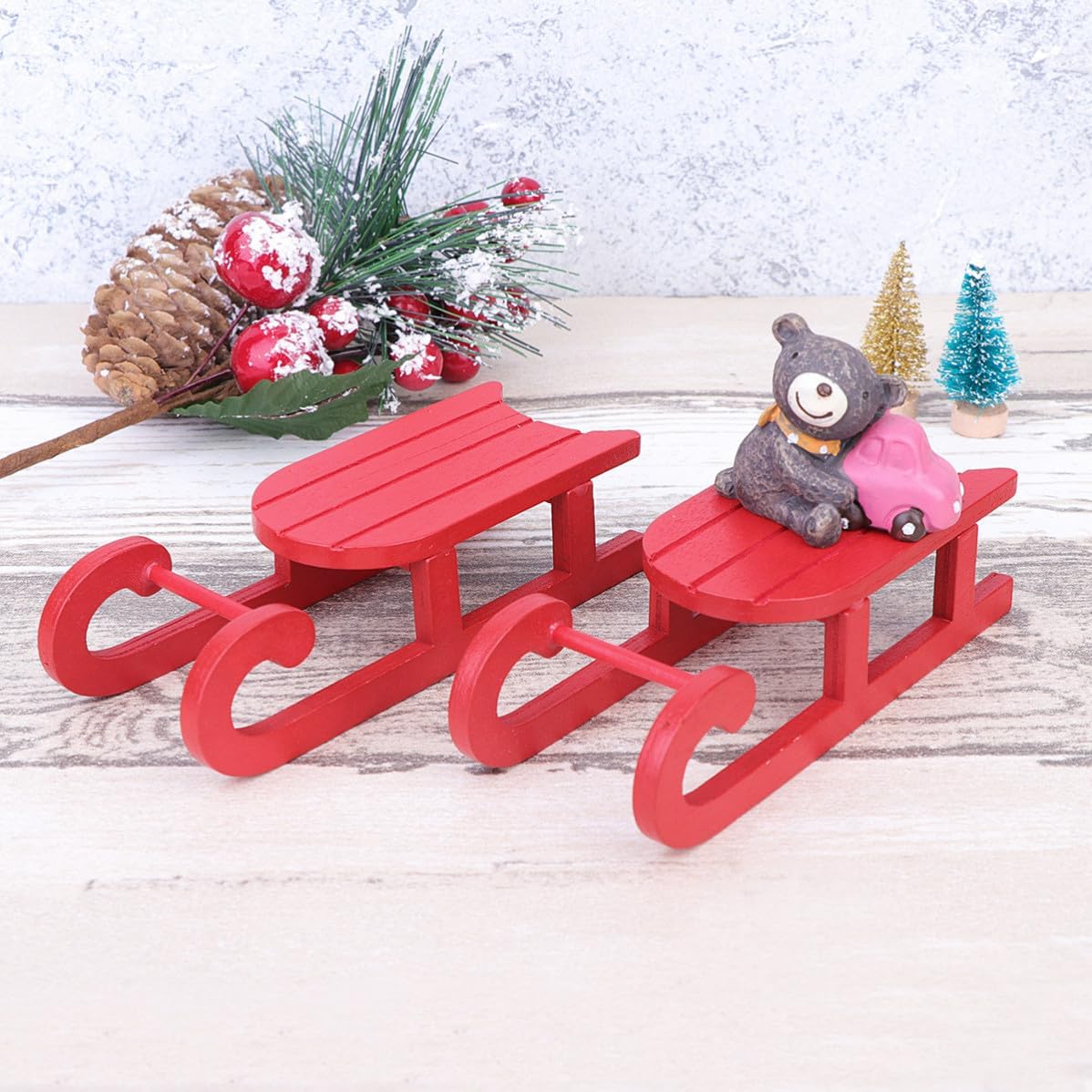Creative Christmas Sleigh Ornament Wooden Desktop Ornament Xmas 2 Pcs